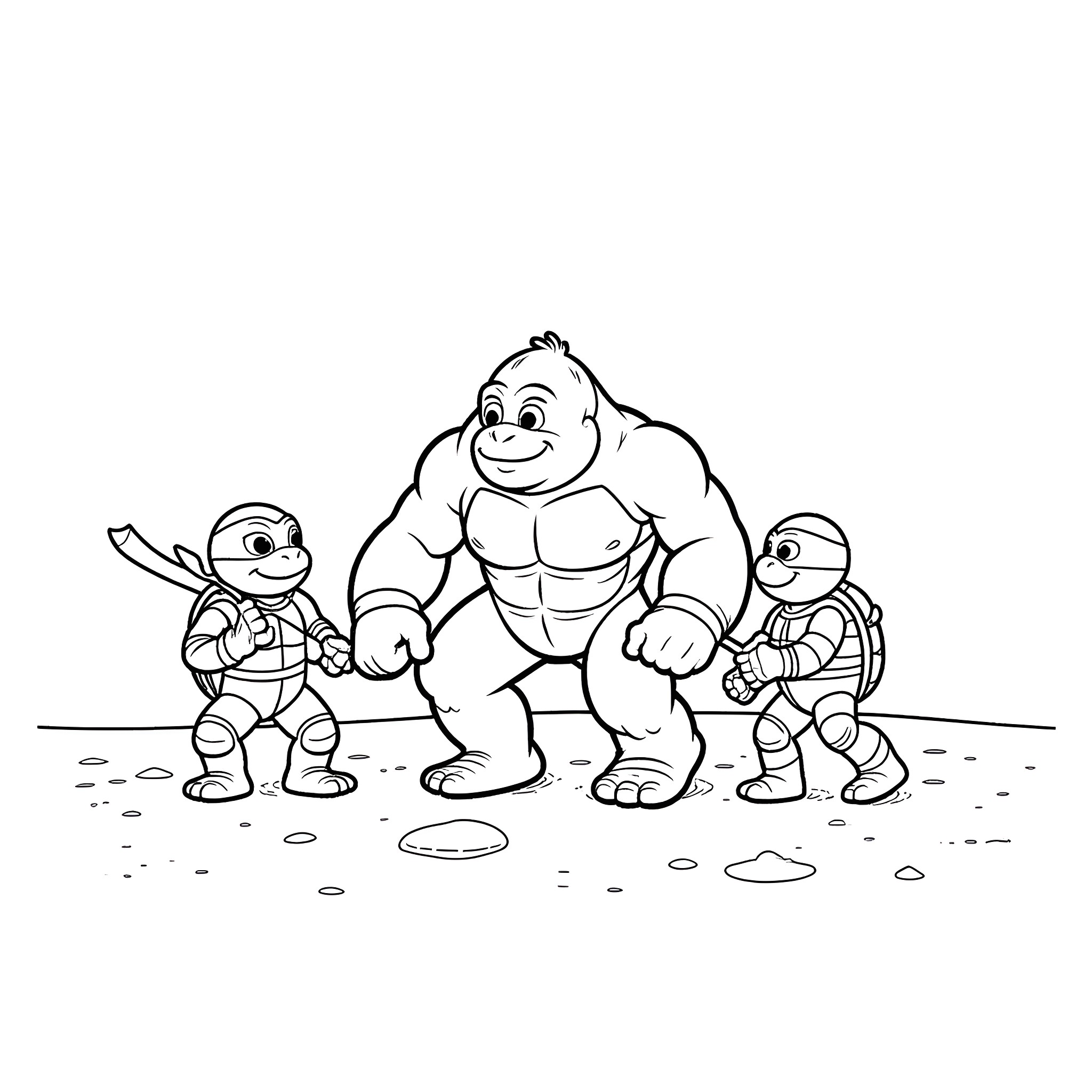 Baby Ninja Turtles in Action Poses Coloring Page (free black-and-white line drawing printable PDF for all, from beginners to advanced learners, including children, teens, adults, and seniors)