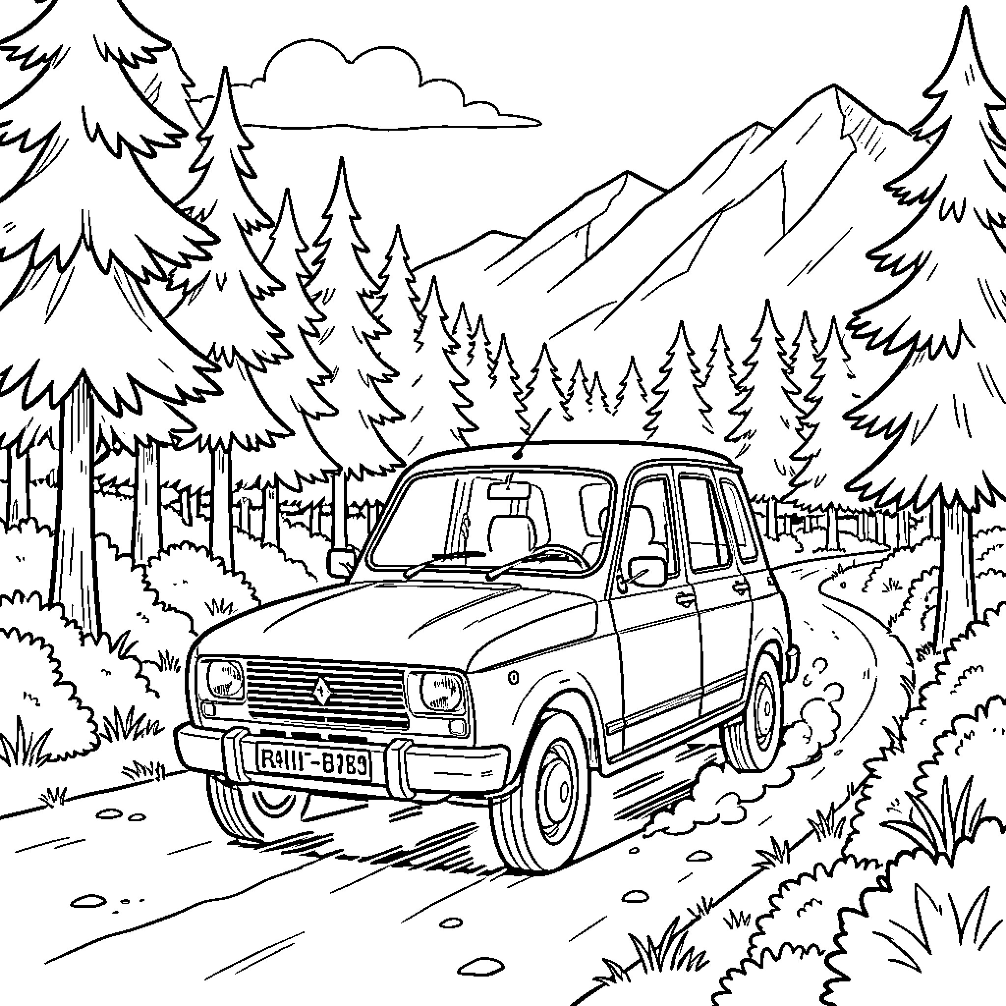 Renault 4L driving through scenic mountain landscape Coloring Page (free black-and-white line drawing printable PDF for all, from beginners to advanced learners, including children, teens, adults, and seniors)