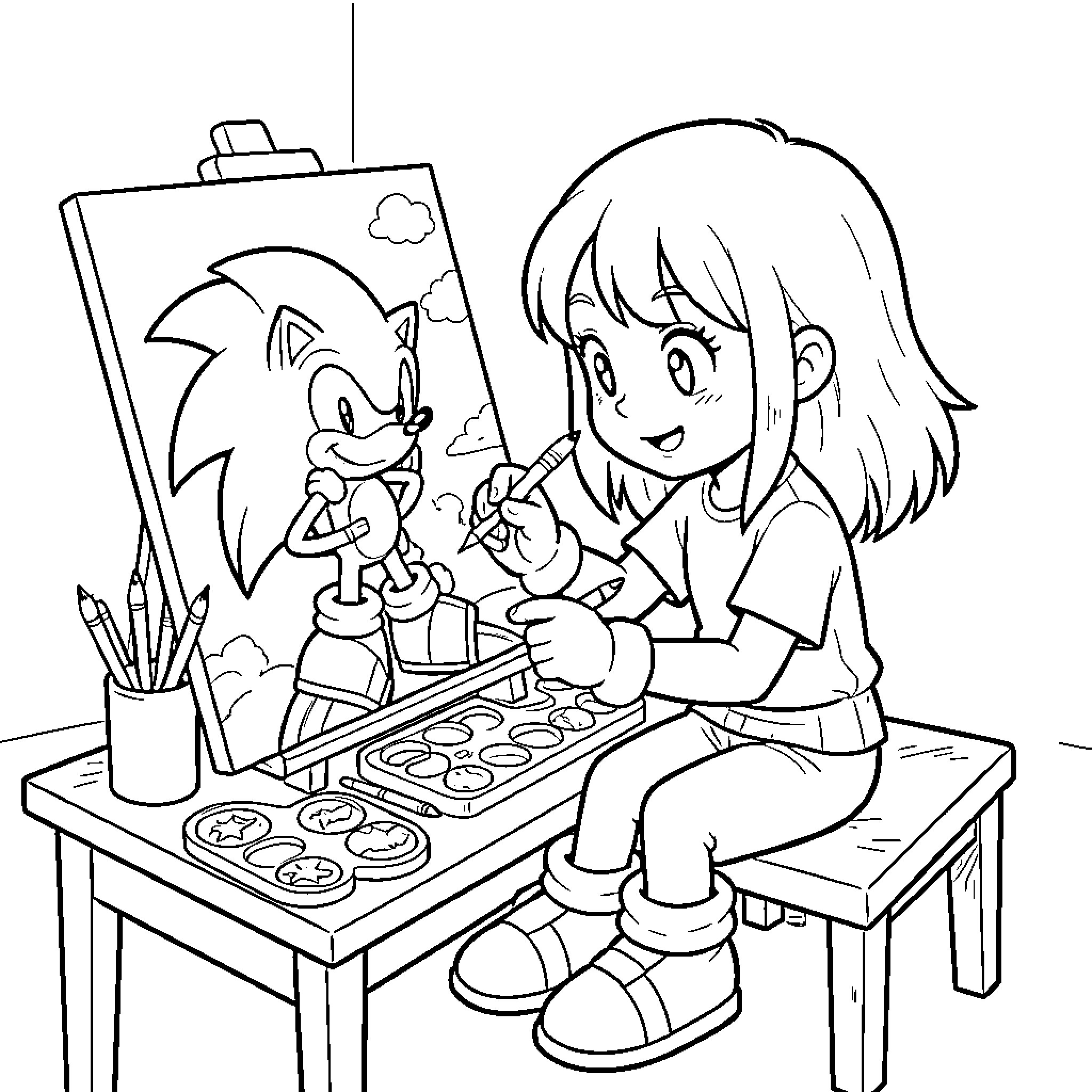 Sonic being drawn by a young artist Coloring Page (free black-and-white line drawing printable PDF for all, from beginners to advanced learners, including children, teens, adults, and seniors)