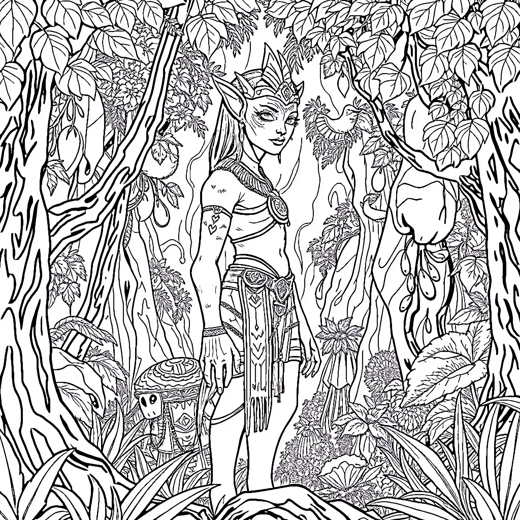 Avatar of the Enchanted Forest Coloring Page (free black-and-white line drawing printable PDF for all, from beginners to advanced learners, including children, teens, adults, and seniors)