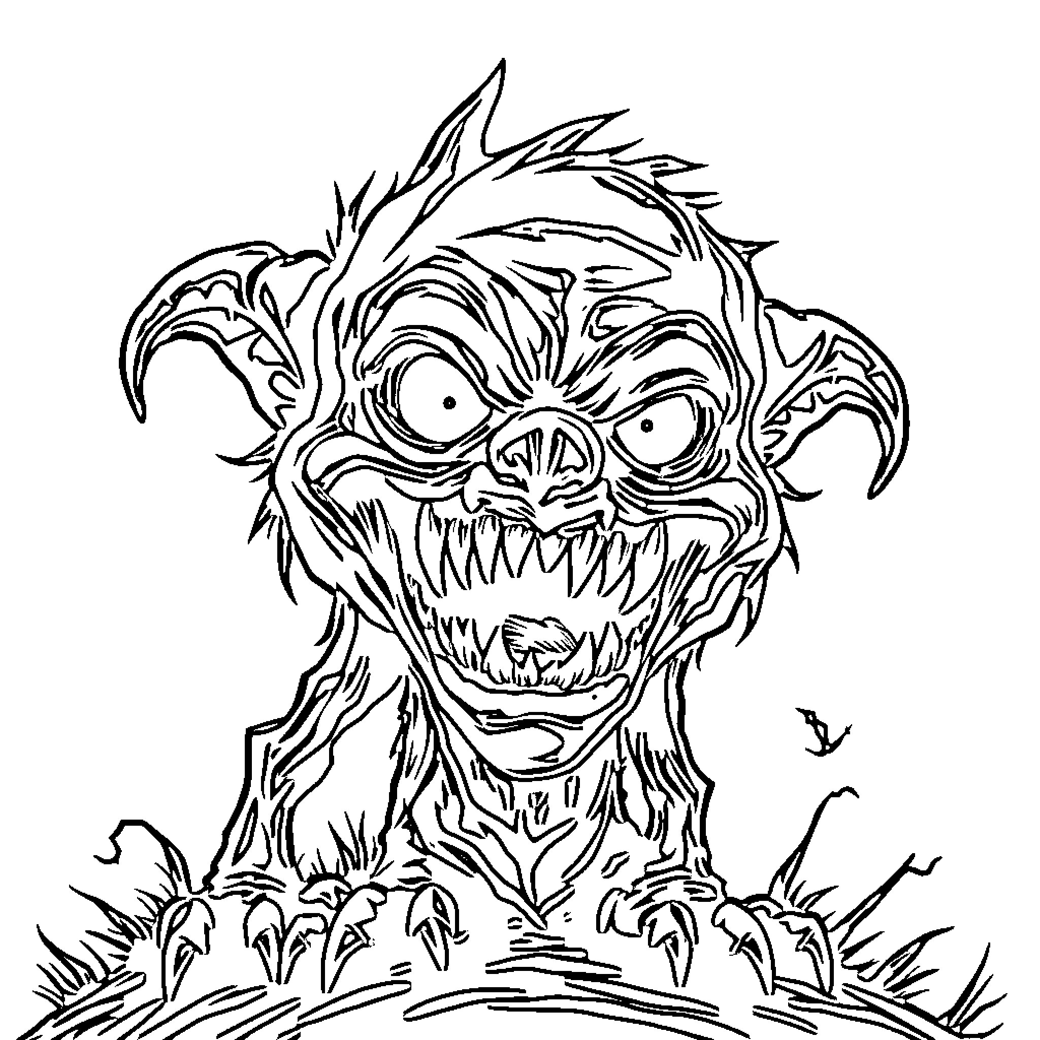Monster with Monstrous Features Emerging from Darkness Coloring Page (free black-and-white line drawing printable PDF for all, from beginners to advanced learners, including children, teens, adults, and seniors)