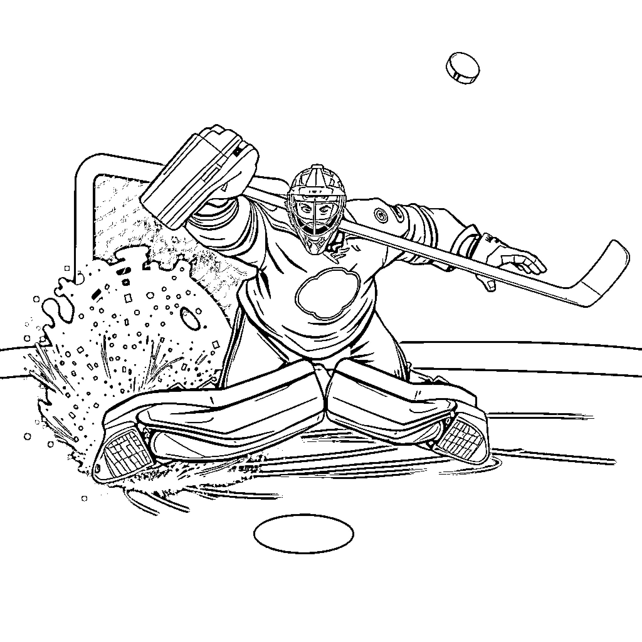 Hockey Goalie Blocking a Shot with Dramatic Dive Coloring Page (free black-and-white line drawing printable PDF for all, from beginners to advanced learners, including children, teens, adults, and seniors)