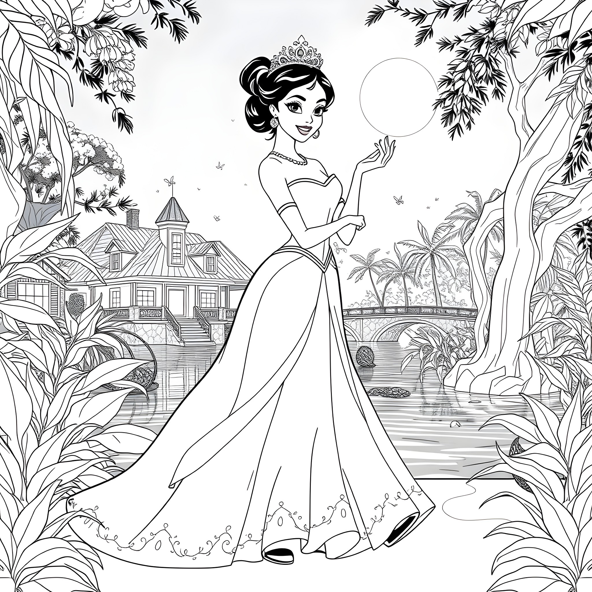 Tiana exploring the enchanting garden and palace Coloring Page (free black-and-white line drawing printable PDF for all, from beginners to advanced learners, including children, teens, adults, and seniors)