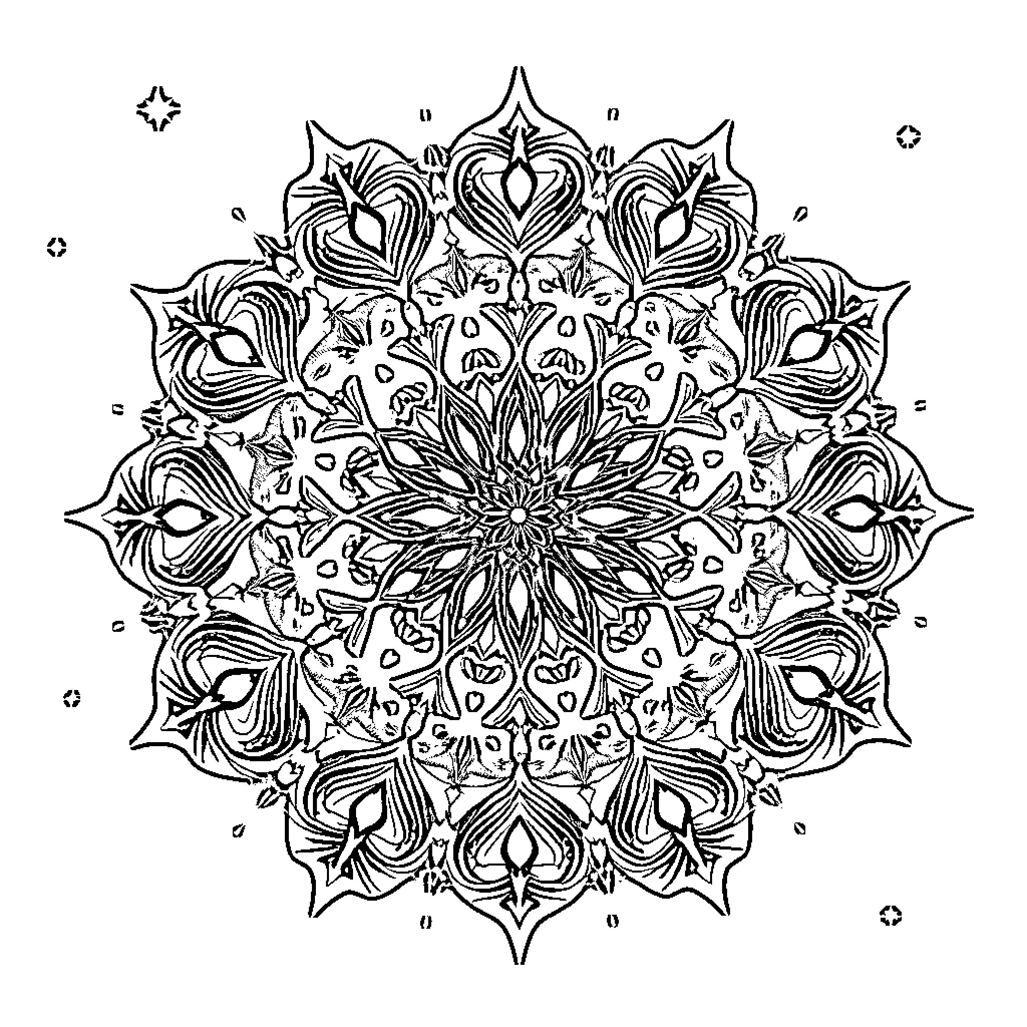 Mandala of Intricate Floral Patterns Coloring Page (free black-and-white line drawing printable PDF for all, from beginners to advanced learners, including children, teens, adults, and seniors)