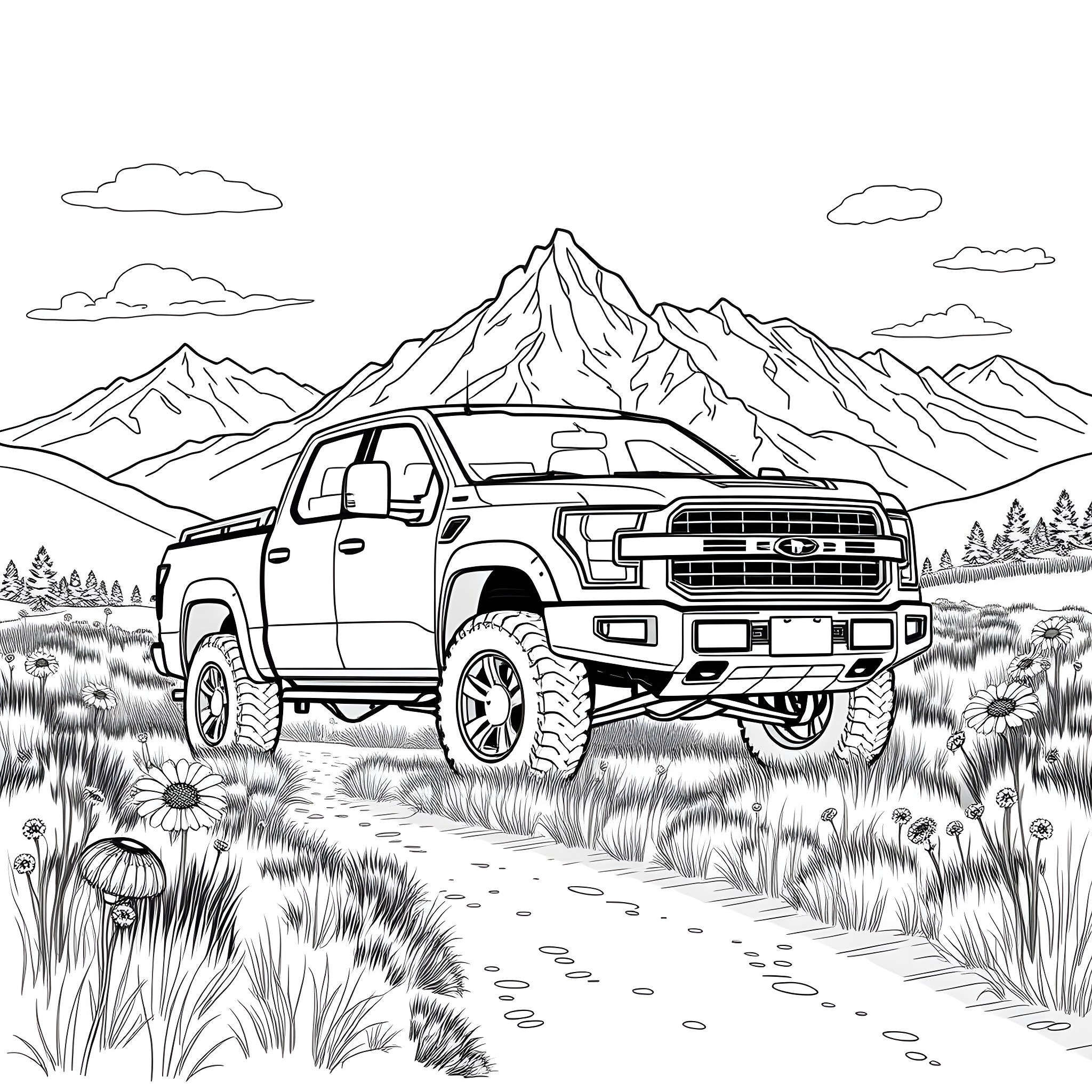 Pick Up Truck Traversing Rugged Terrain in the Mountains Coloring Page (free black-and-white line drawing printable PDF for all, from beginners to advanced learners, including children, teens, adults, and seniors)