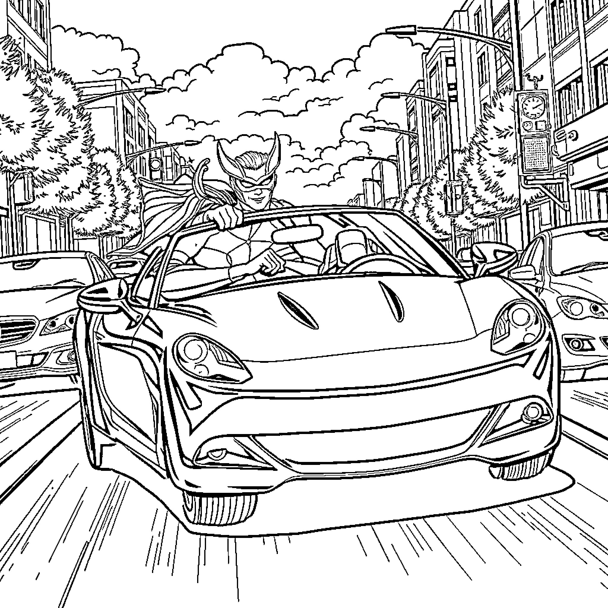 Miraculous High-Speed Pursuit Through the City Coloring Page (free black-and-white line drawing printable PDF for all, from beginners to advanced learners, including children, teens, adults, and seniors)