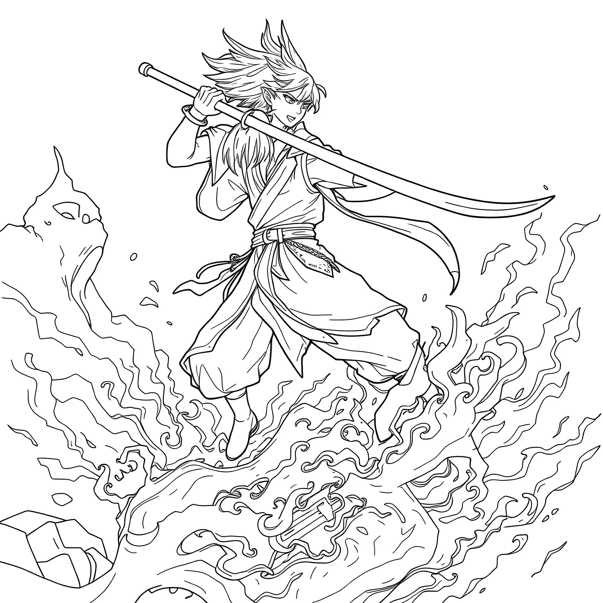 Giyu's Fierce Battle with Supernatural Forces Coloring Page (free black-and-white line drawing printable PDF for all, from beginners to advanced learners, including children, teens, adults, and seniors)