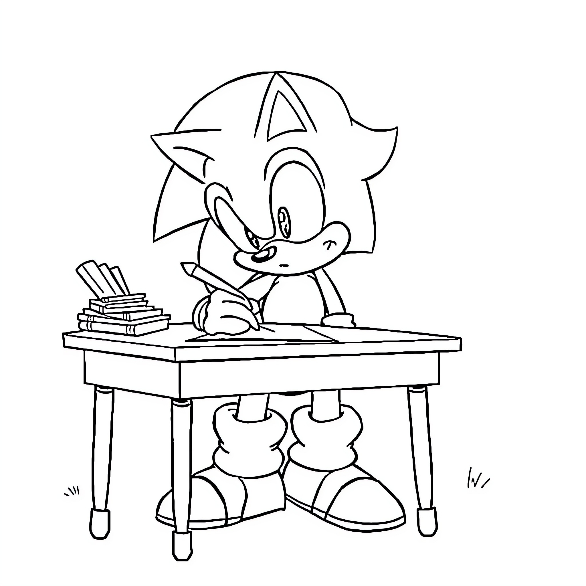 Sonic studying intently at his desk Coloring Page (free black-and-white line drawing printable PDF for all, from beginners to advanced learners, including children, teens, adults, and seniors)