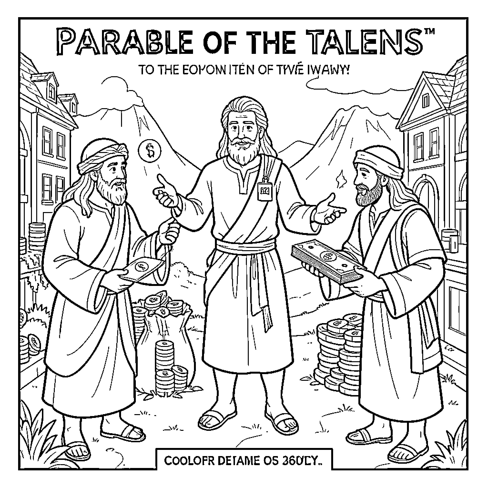 Parable of the Talents to the Eopion Itenottye Tweny Coloring Page (free black-and-white line drawing printable PDF for all, from beginners to advanced learners, including children, teens, adults, and seniors)