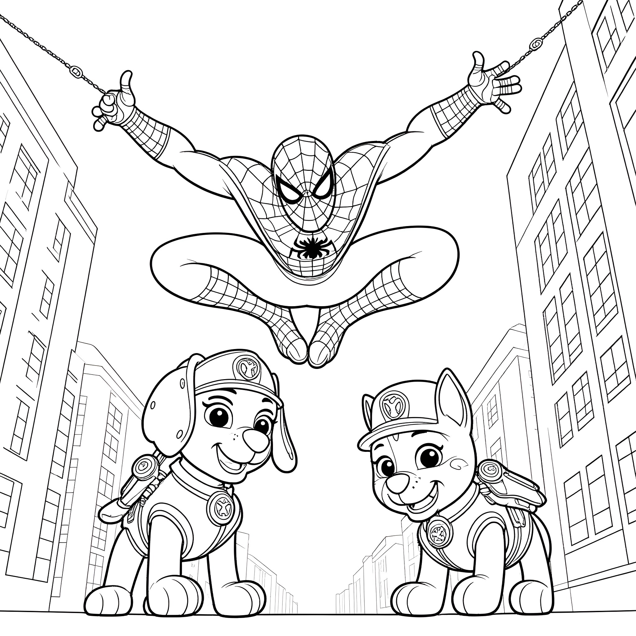 Spiderman Swings Over Paw Patrol Pups in the City Coloring Page (free black-and-white line drawing printable PDF for all, from beginners to advanced learners, including children, teens, adults, and seniors)