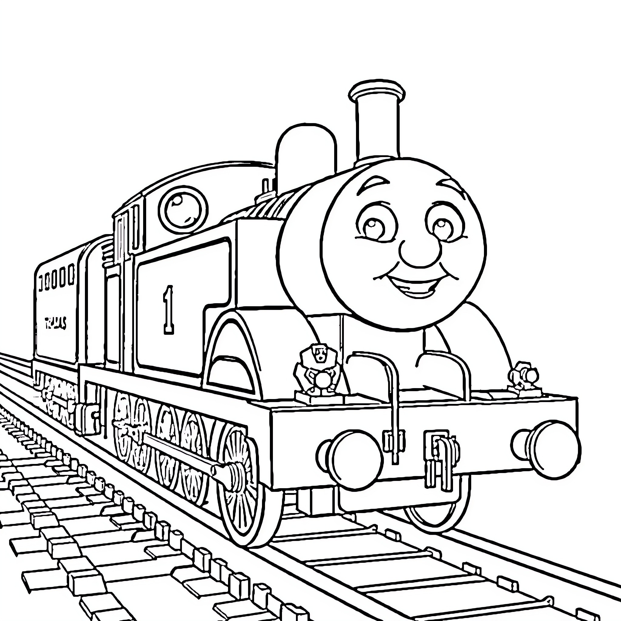 Thomas the smiling steam locomotive on the tracks Coloring Page (free black-and-white line drawing printable PDF for all, from beginners to advanced learners, including children, teens, adults, and seniors)