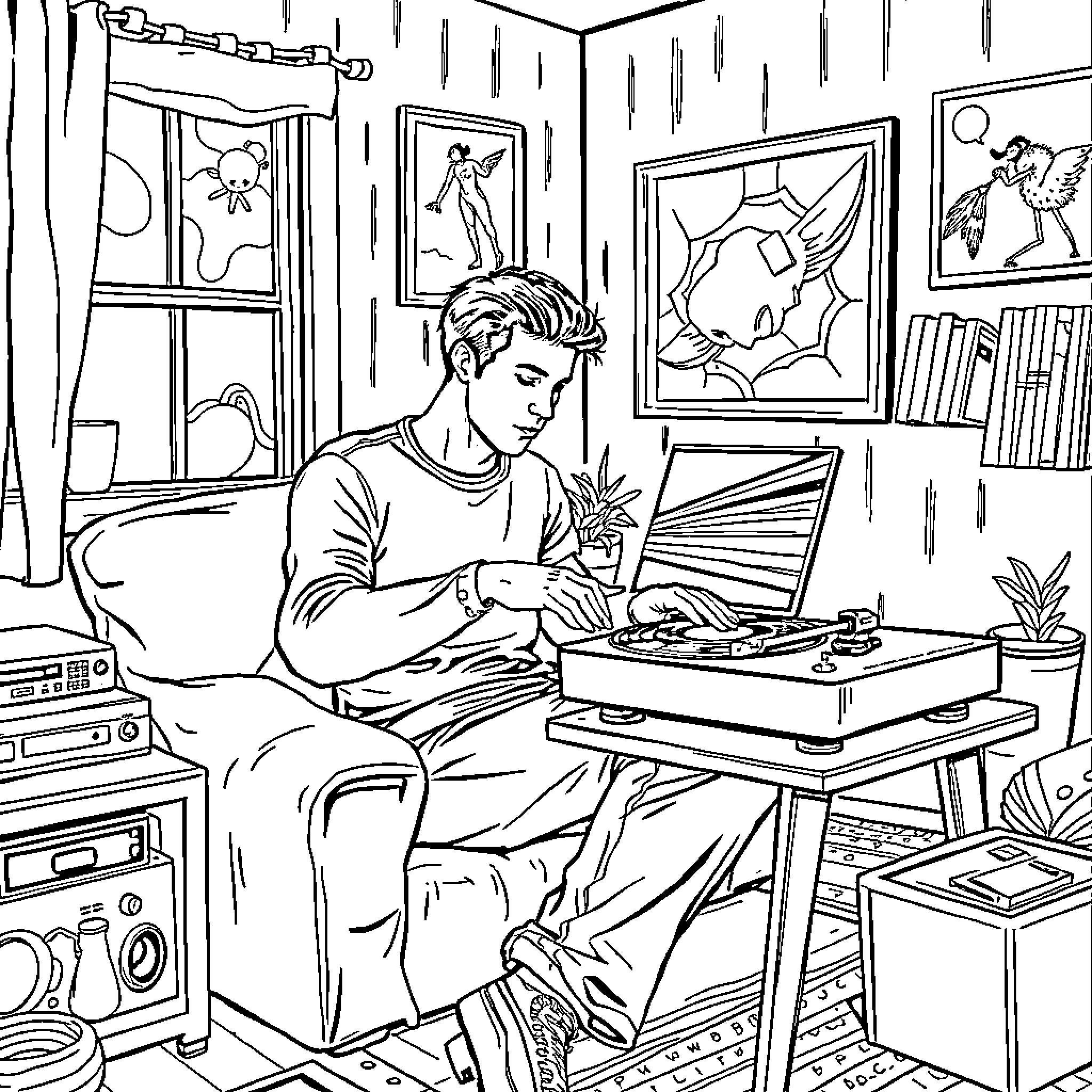 Vinyl Records Session in Cozy Room Coloring Page (free black-and-white line drawing printable PDF for all, from beginners to advanced learners, including children, teens, adults, and seniors)