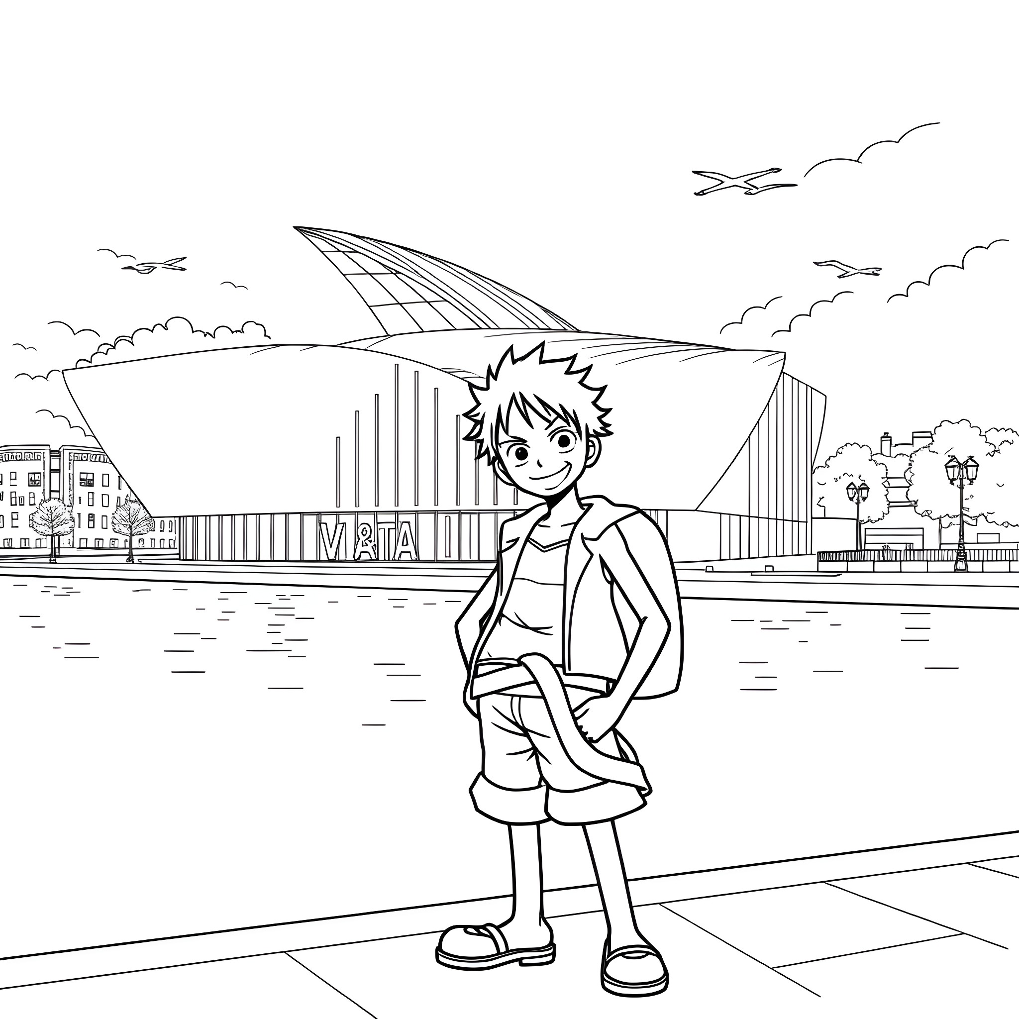 Luffy exploring the bustling city skyline Coloring Page (free black-and-white line drawing printable PDF for all, from beginners to advanced learners, including children, teens, adults, and seniors)
