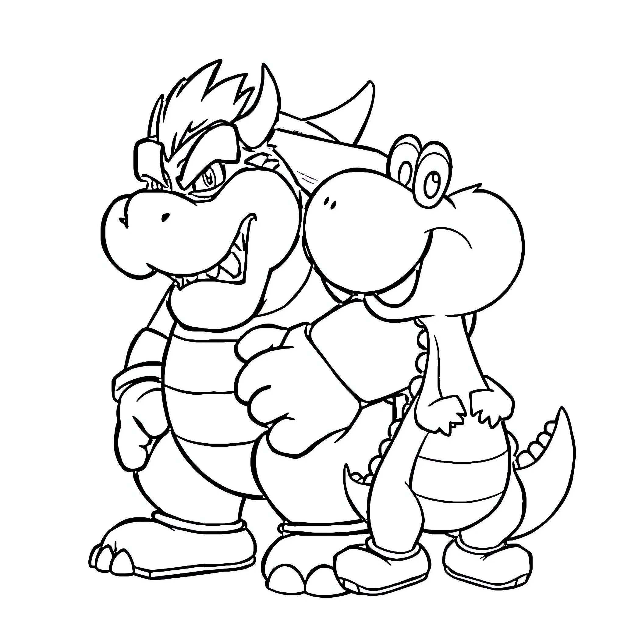 Bowser and Koopa Troopa enjoying a playful moment Coloring Page (free black-and-white line drawing printable PDF for all, from beginners to advanced learners, including children, teens, adults, and seniors)