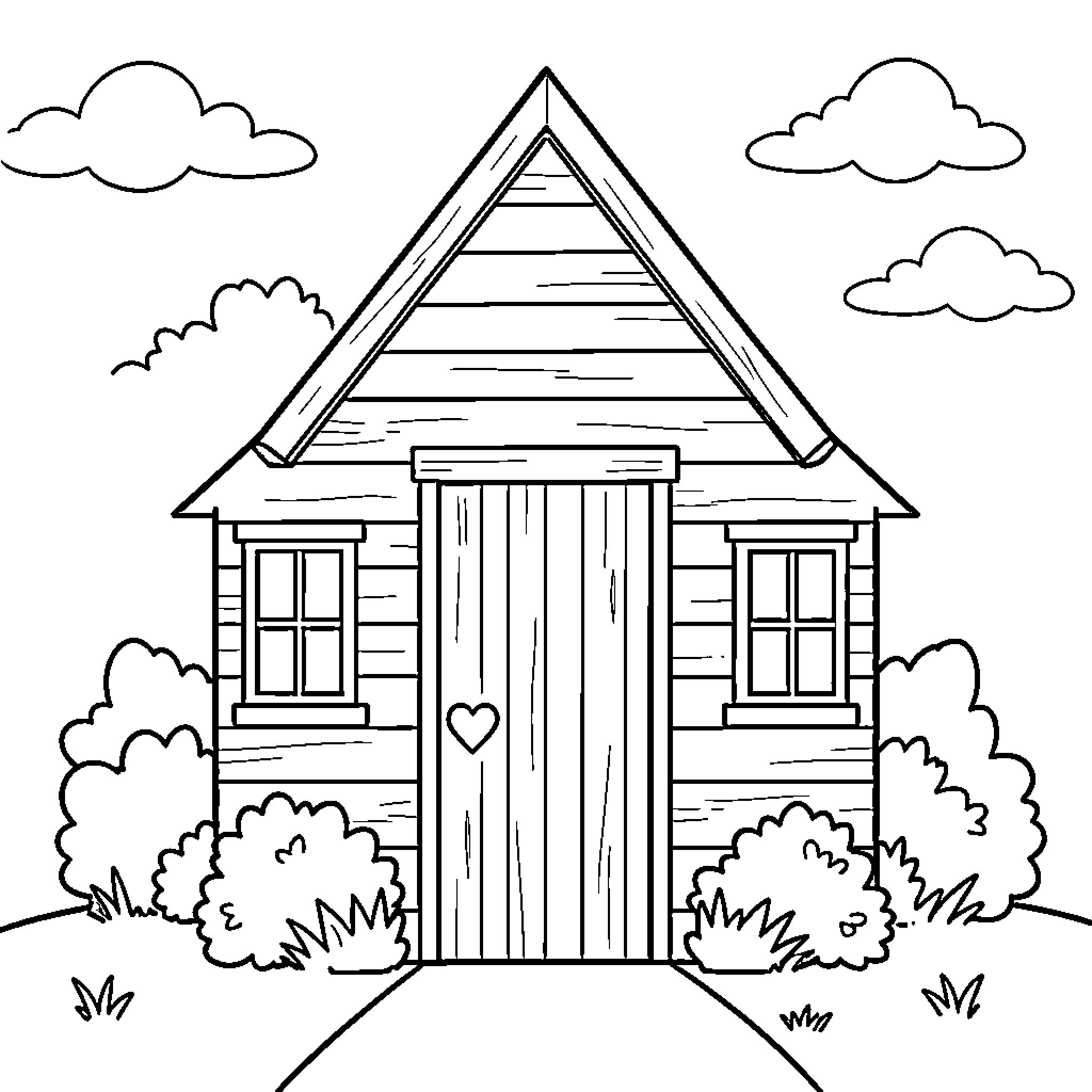 Maison standing peacefully among bushes and clouds Coloring Page (free black-and-white line drawing printable PDF for all, from beginners to advanced learners, including children, teens, adults, and seniors)