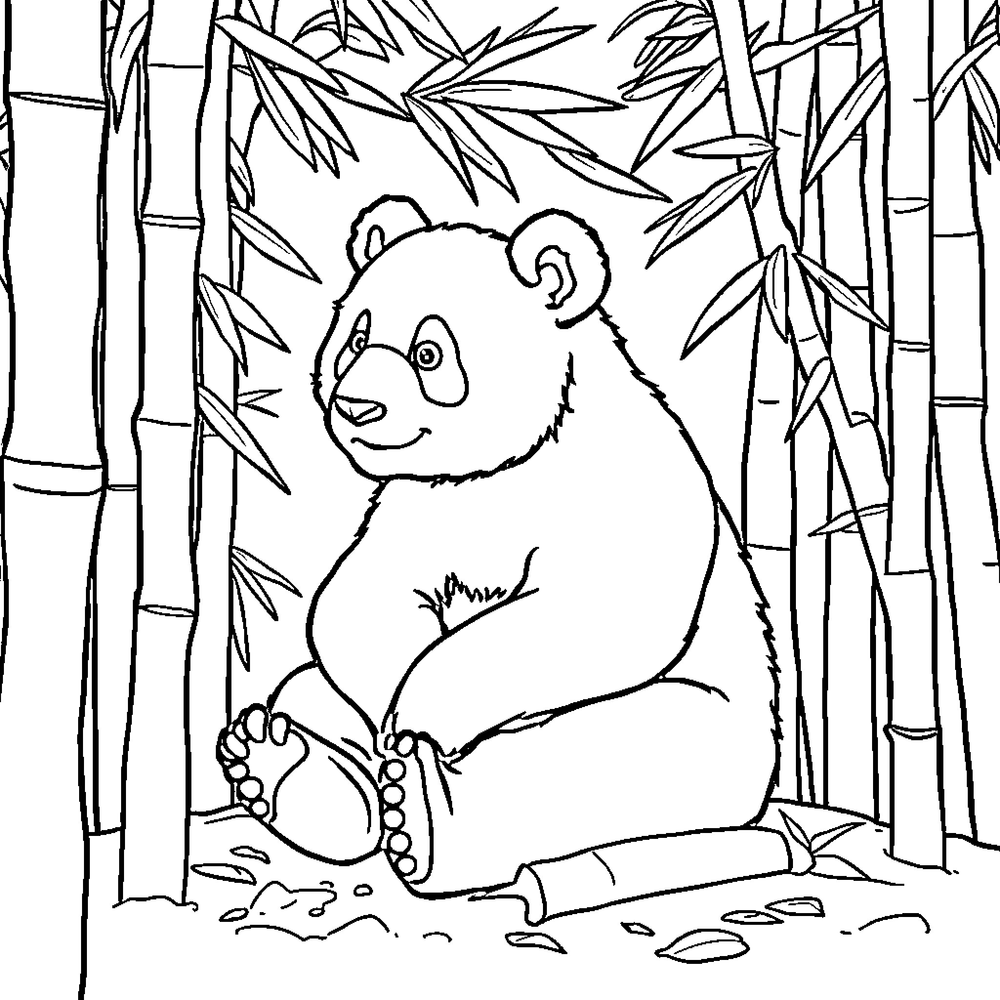 Panda sitting in bamboo forest Coloring Page (free black-and-white line drawing printable PDF for all, from beginners to advanced learners, including children, teens, adults, and seniors)