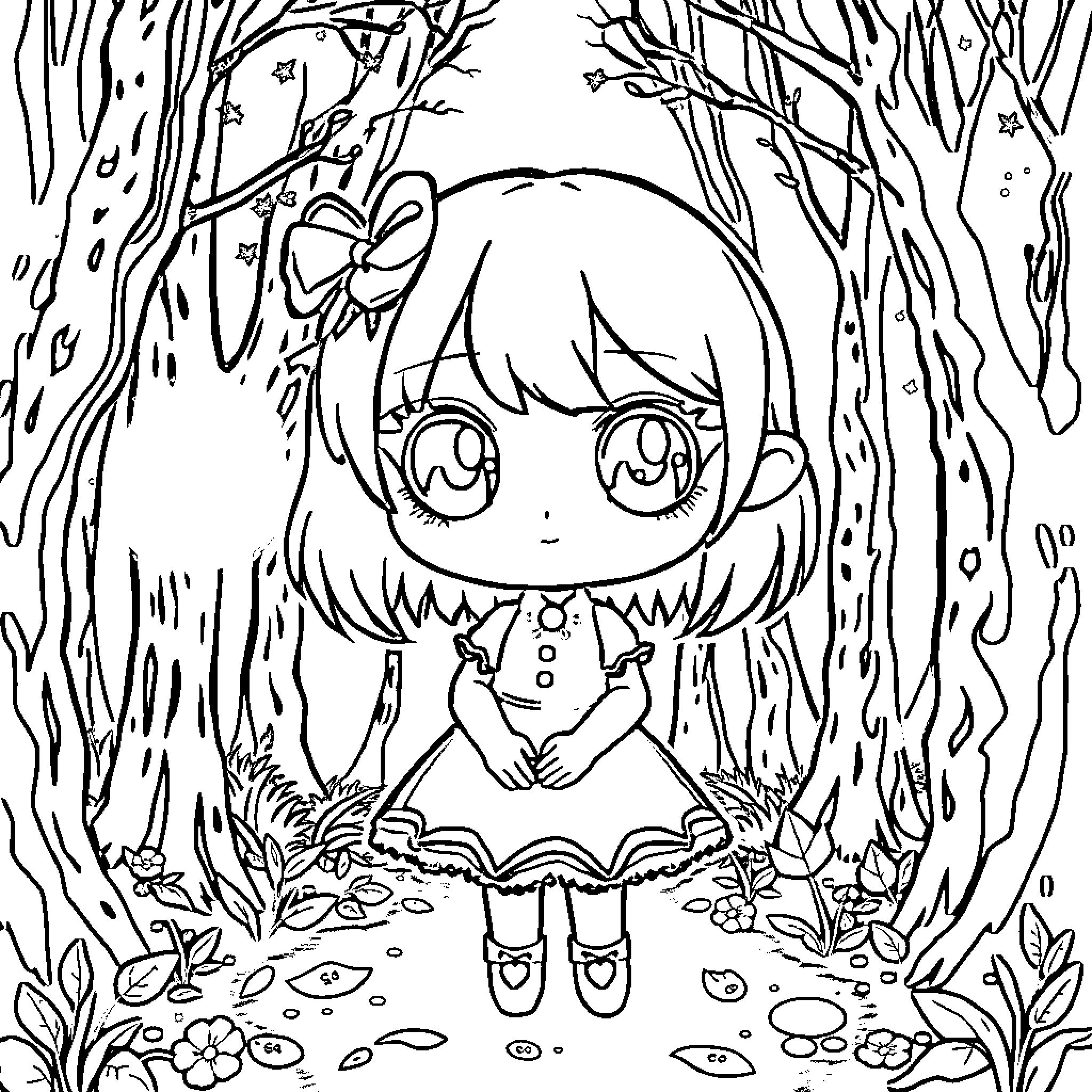 Chibi Girl Exploring Enchanted Forest Coloring Page (free black-and-white line drawing printable PDF for all, from beginners to advanced learners, including children, teens, adults, and seniors)