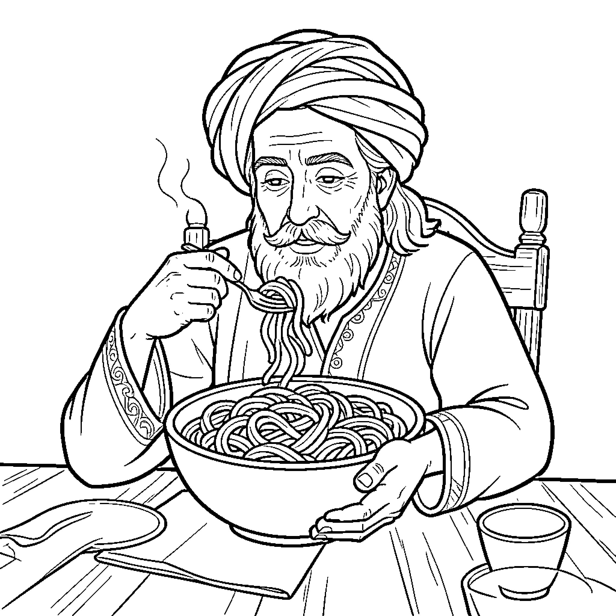 Rumi eating a bowl of noodles at a table Coloring Page (free black-and-white line drawing printable PDF for all, from beginners to advanced learners, including children, teens, adults, and seniors)
