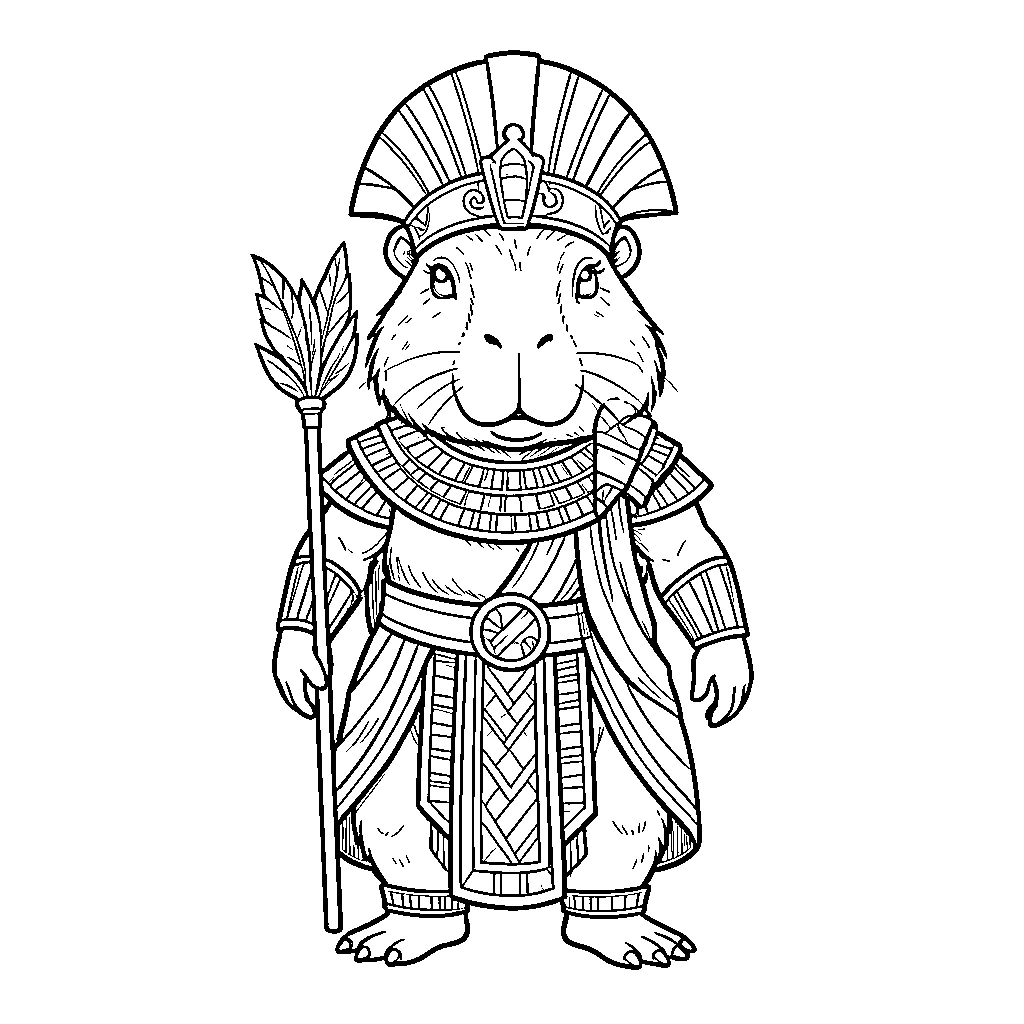 Capybara dressed as an ancient Egyptian ruler Coloring Page (free black-and-white line drawing printable PDF for all, from beginners to advanced learners, including children, teens, adults, and seniors)