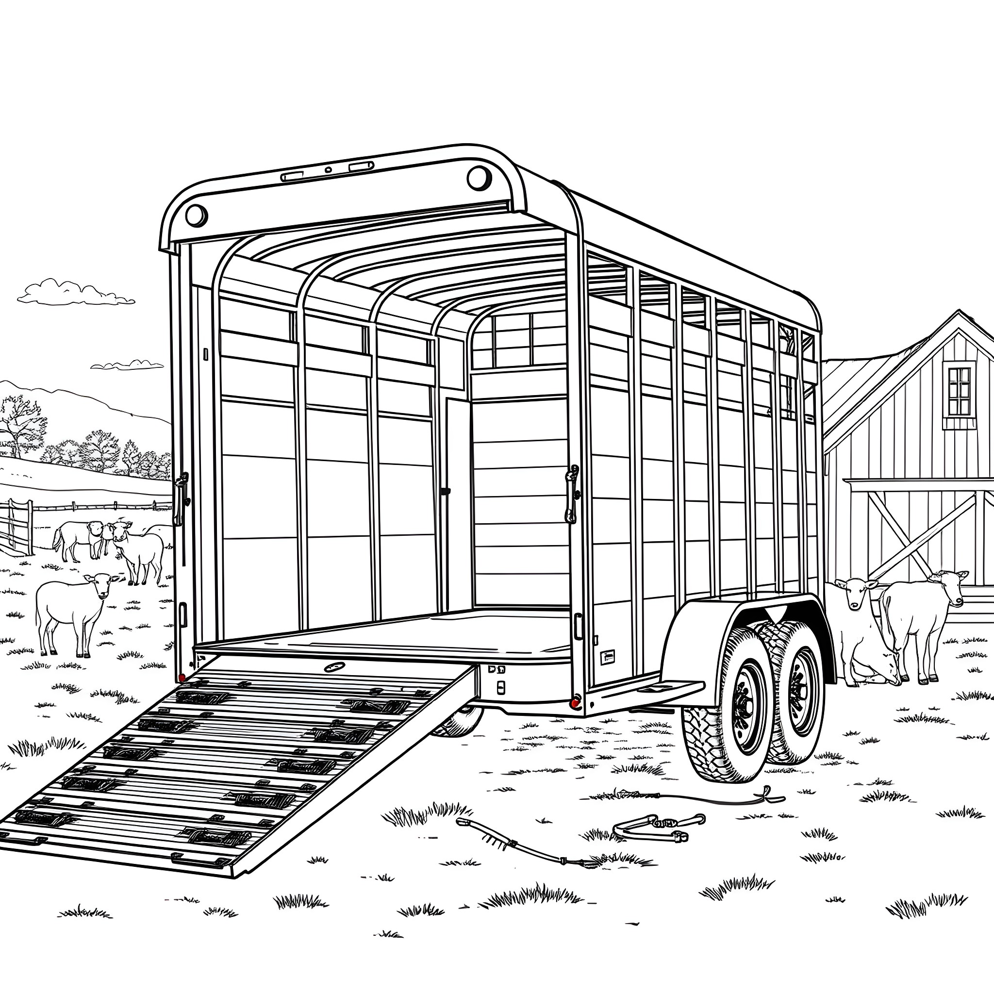 Gooseneck Trailer loaded with livestock in rural setting Coloring Page (free black-and-white line drawing printable PDF for all, from beginners to advanced learners, including children, teens, adults, and seniors)