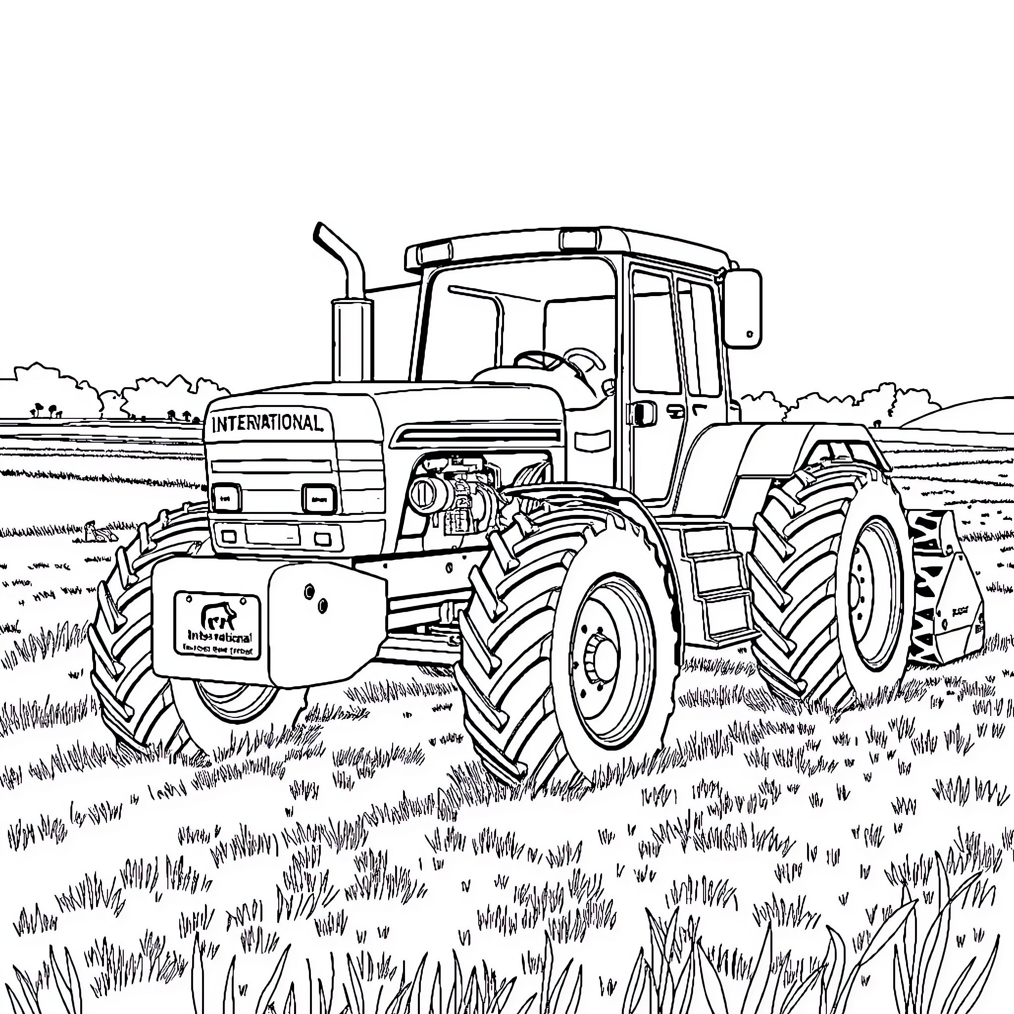 International 784 FWD Tractor in Field Coloring Page (free black-and-white line drawing printable PDF for all, from beginners to advanced learners, including children, teens, adults, and seniors)