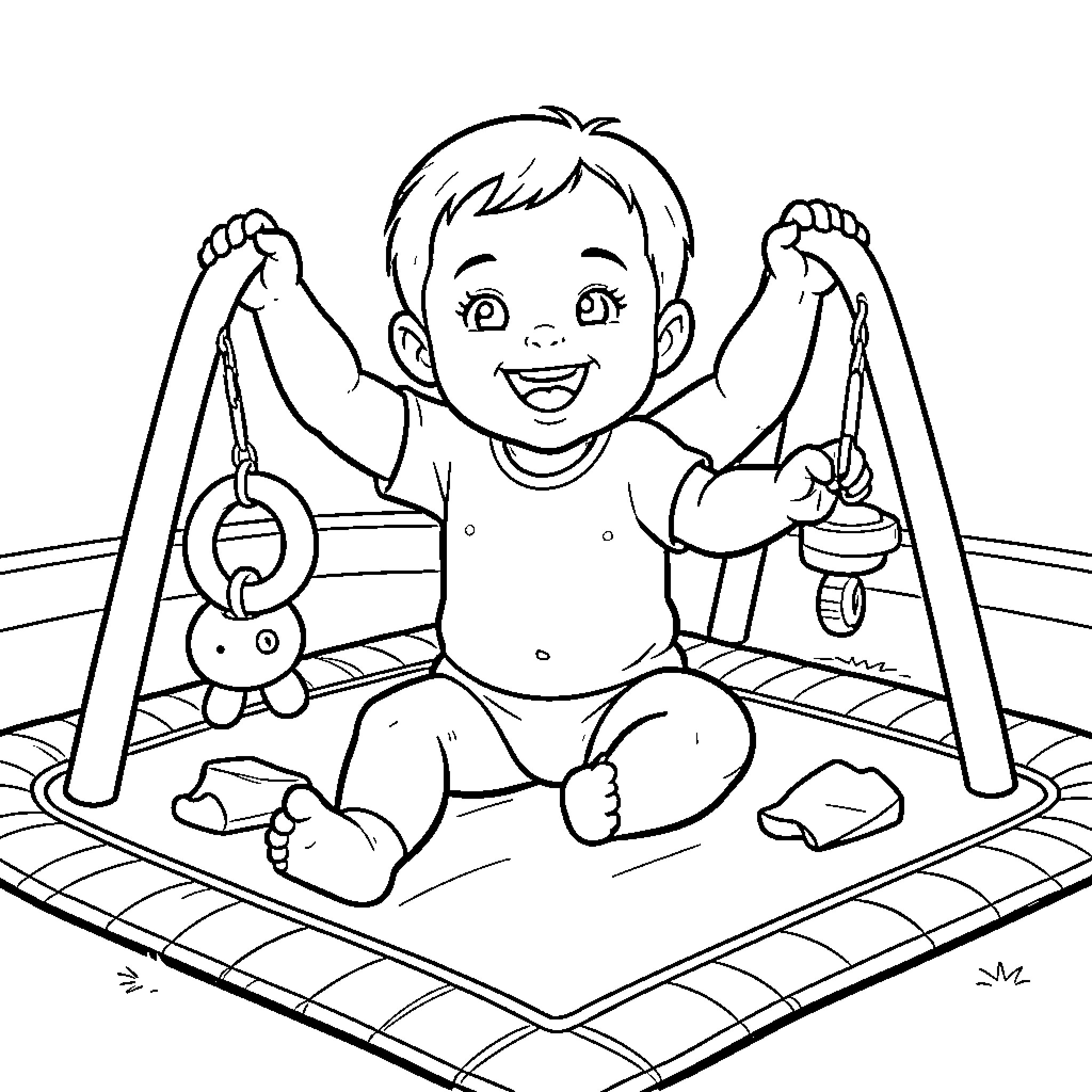 Baby playing happily with hanging toys on a mat Coloring Page (free black-and-white line drawing printable PDF for all, from beginners to advanced learners, including children, teens, adults, and seniors)