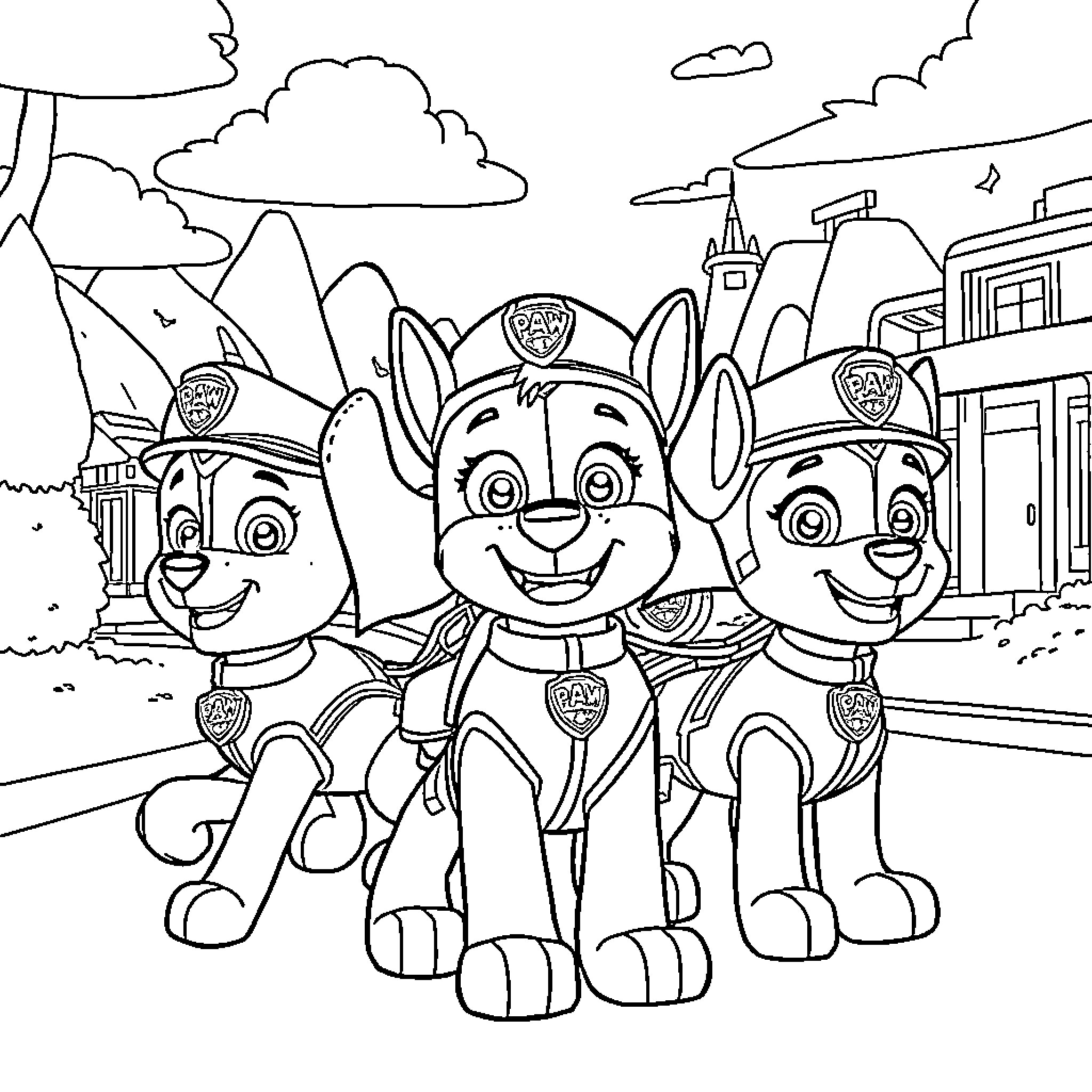 Paw Patrol characters in action-packed scene Coloring Page (free black-and-white line drawing printable PDF for all, from beginners to advanced learners, including children, teens, adults, and seniors)