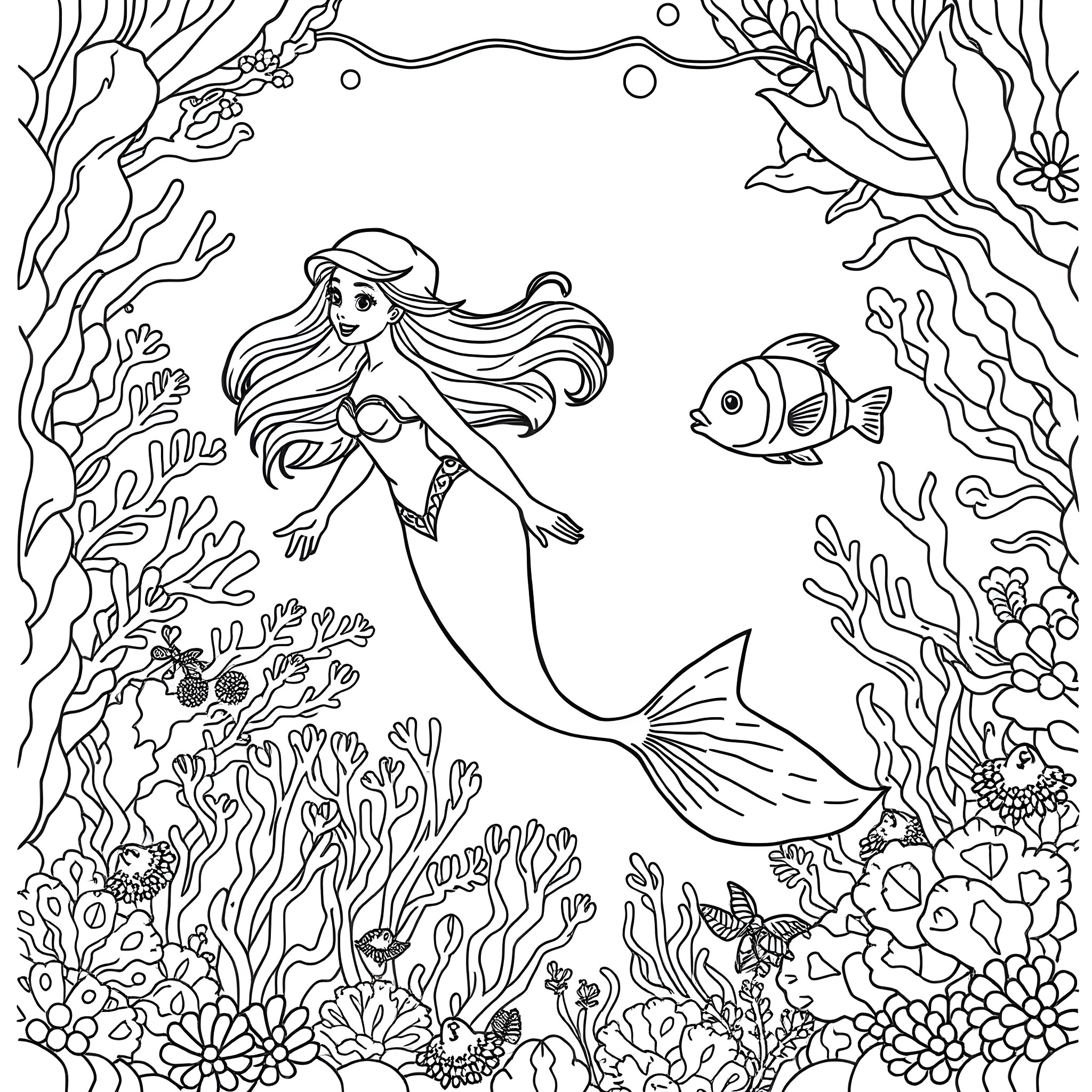 Mermaid swimming gracefully among underwater flora and fauna Coloring Page (free black-and-white line drawing printable PDF for all, from beginners to advanced learners, including children, teens, adults, and seniors)