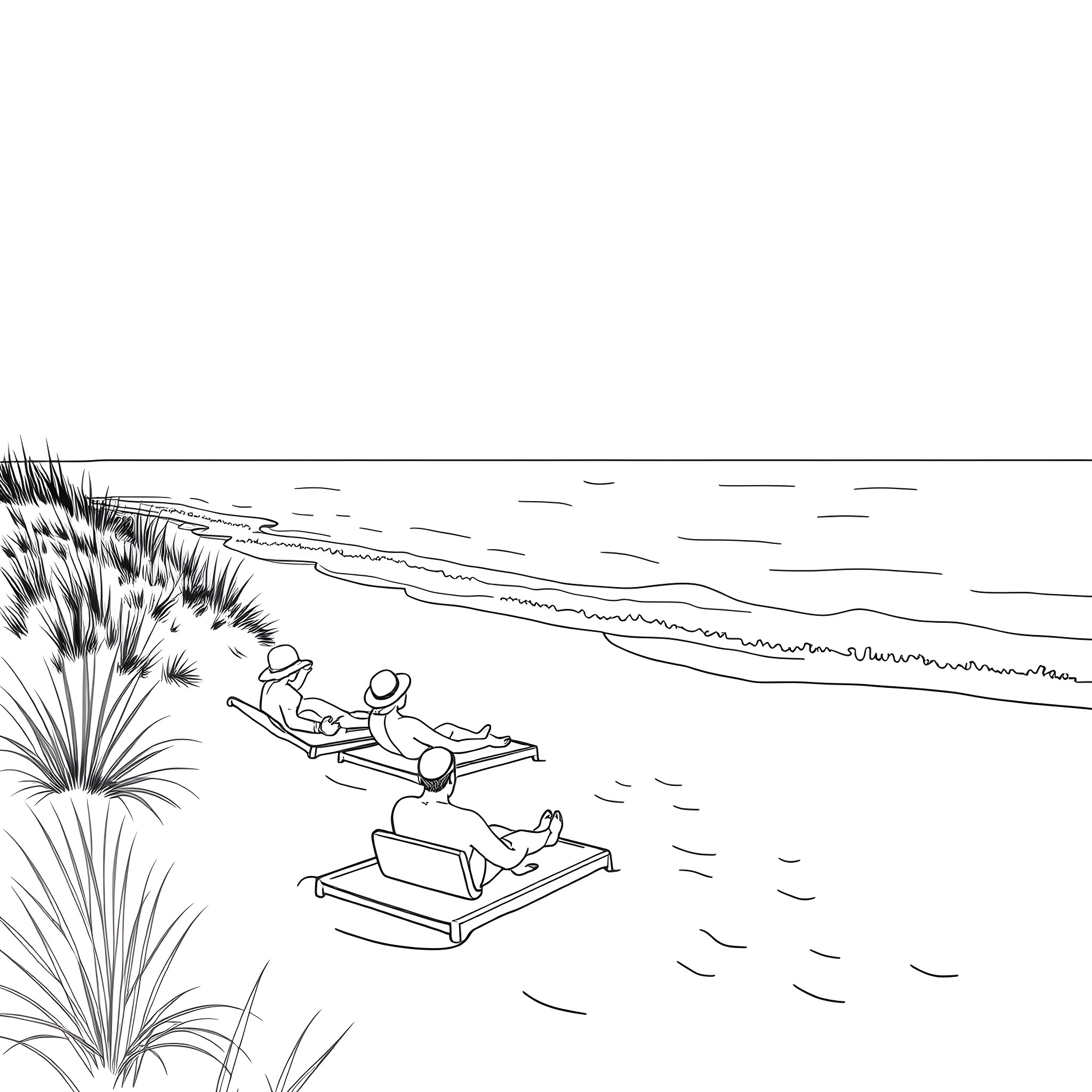 Beach scene with people relaxing on lounge chairs Coloring Page (free black-and-white line drawing printable PDF for all, from beginners to advanced learners, including children, teens, adults, and seniors)