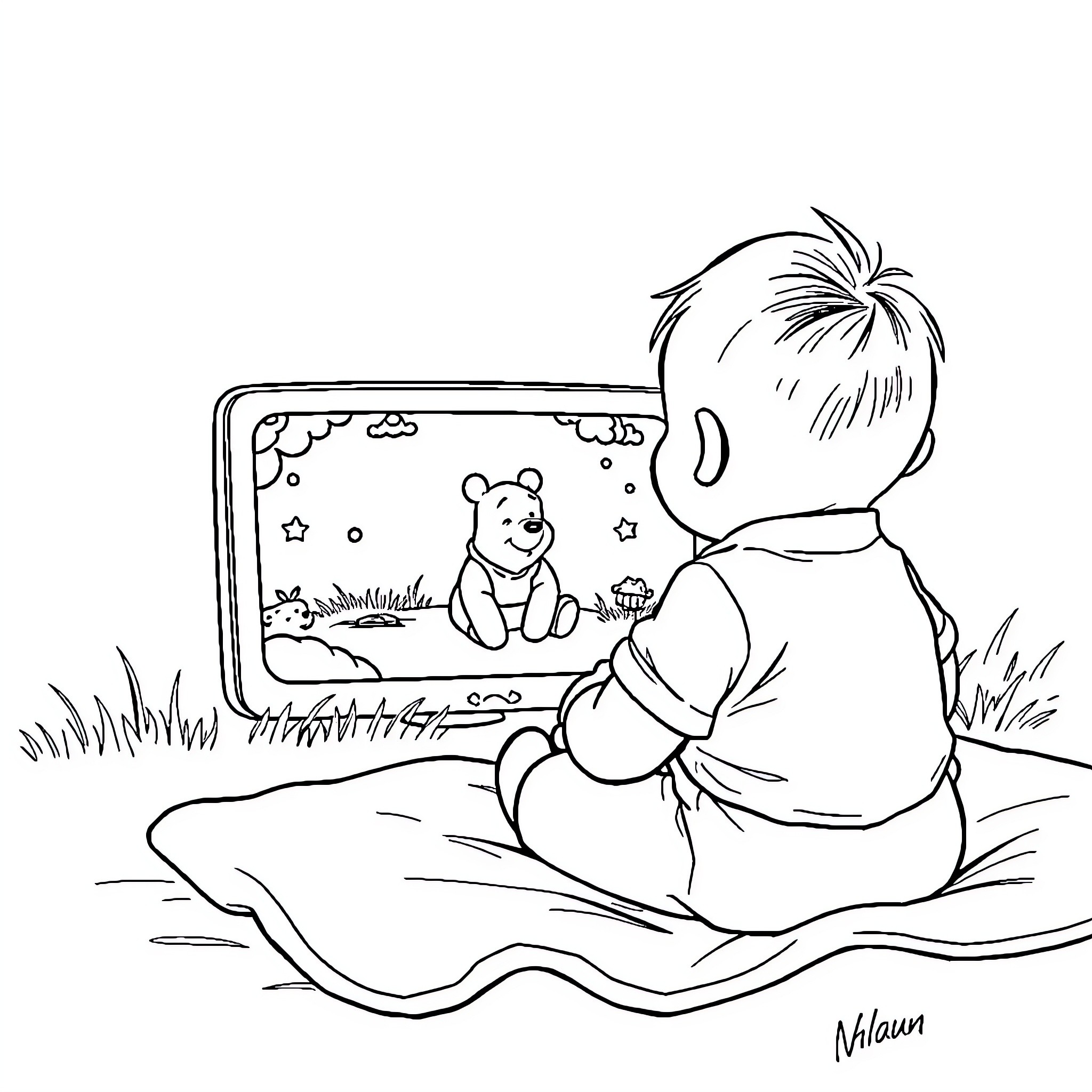 Baby watching cute cartoon on screen outdoors Coloring Page (free black-and-white line drawing printable PDF for all, from beginners to advanced learners, including children, teens, adults, and seniors)