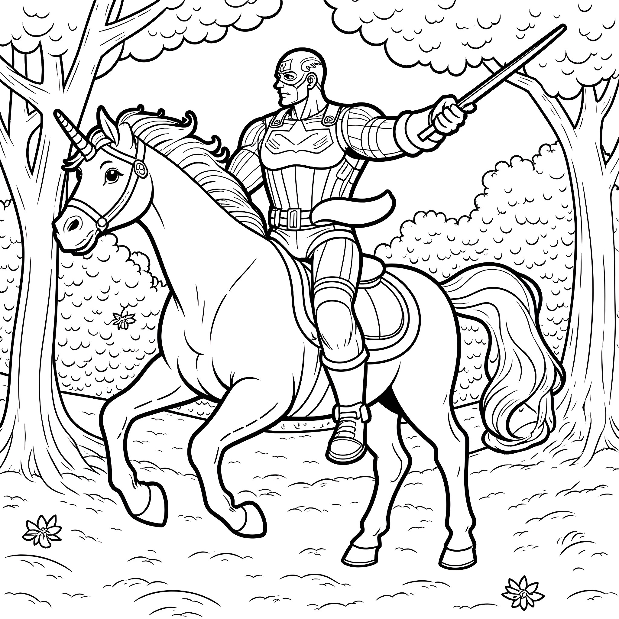 Captain America Riding on a Majestic Unicorn Coloring Page (free black-and-white line drawing printable PDF for all, from beginners to advanced learners, including children, teens, adults, and seniors)