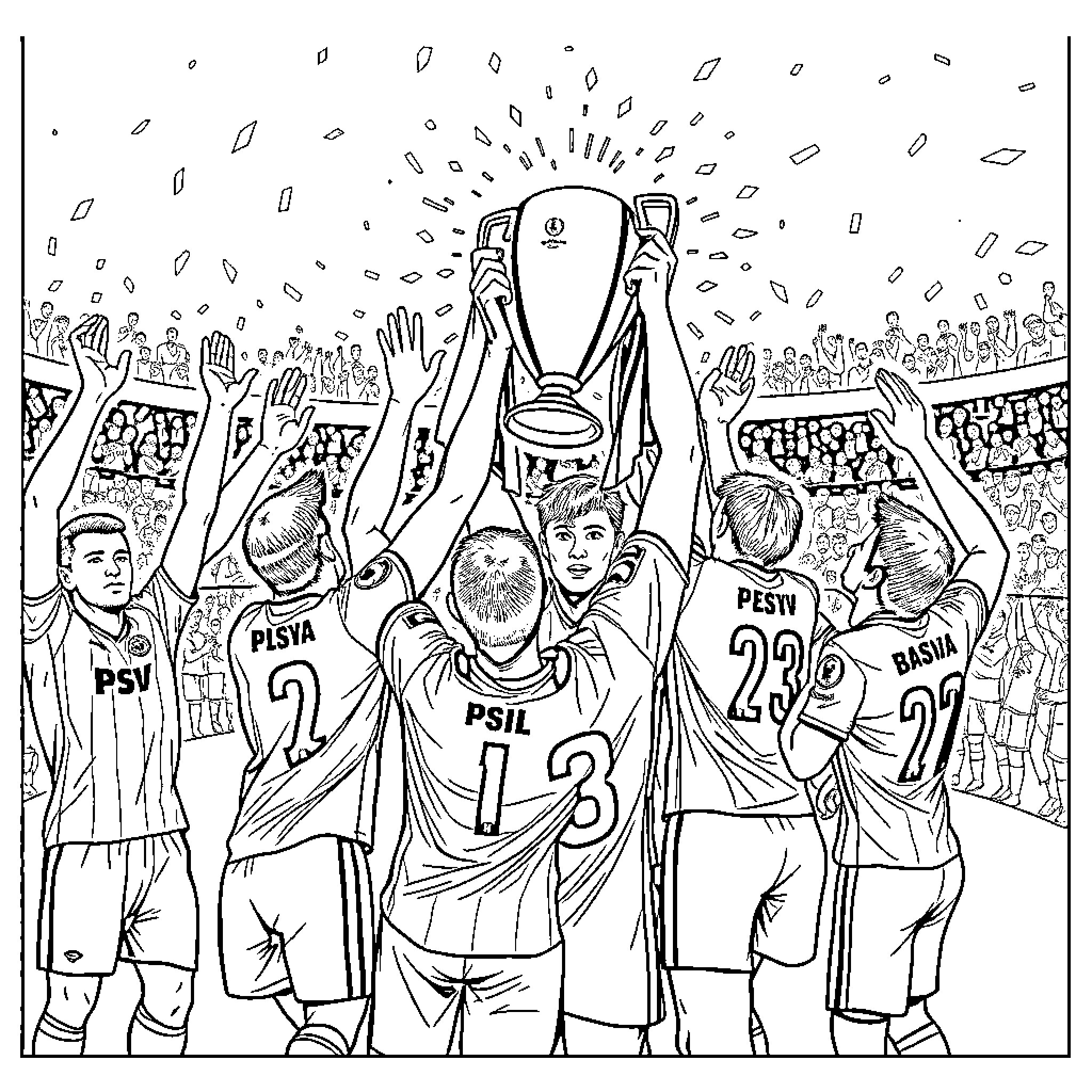PSV Soccer Players Celebrating Trophy Victory Coloring Page (free black-and-white line drawing printable PDF for all, from beginners to advanced learners, including children, teens, adults, and seniors)