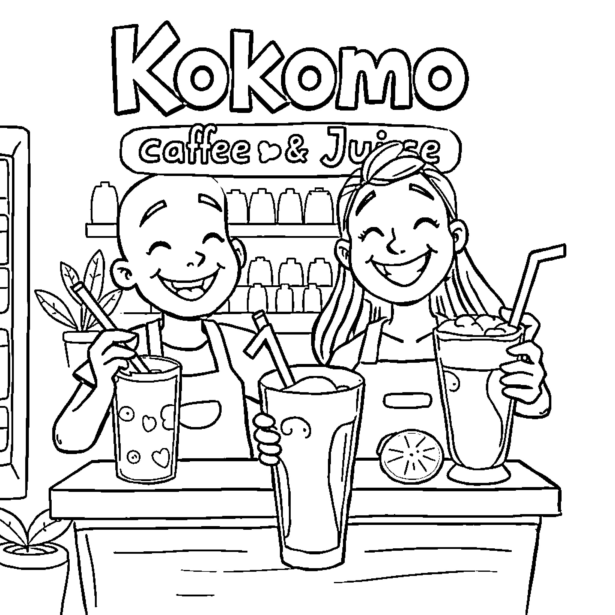 Kokomo Coffee & Juice - Smiling Baristas at Work Coloring Page (free black-and-white line drawing printable PDF for all, from beginners to advanced learners, including children, teens, adults, and seniors)