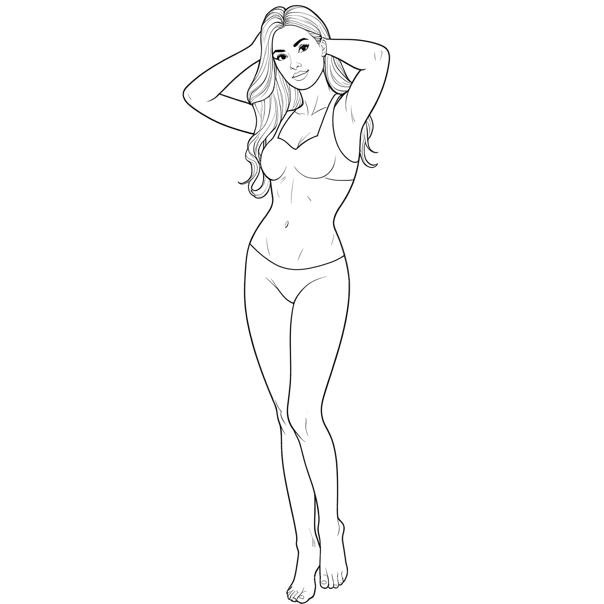 Model posing confidently in swimwear Coloring Page (free black-and-white line drawing printable PDF for all, from beginners to advanced learners, including children, teens, adults, and seniors)