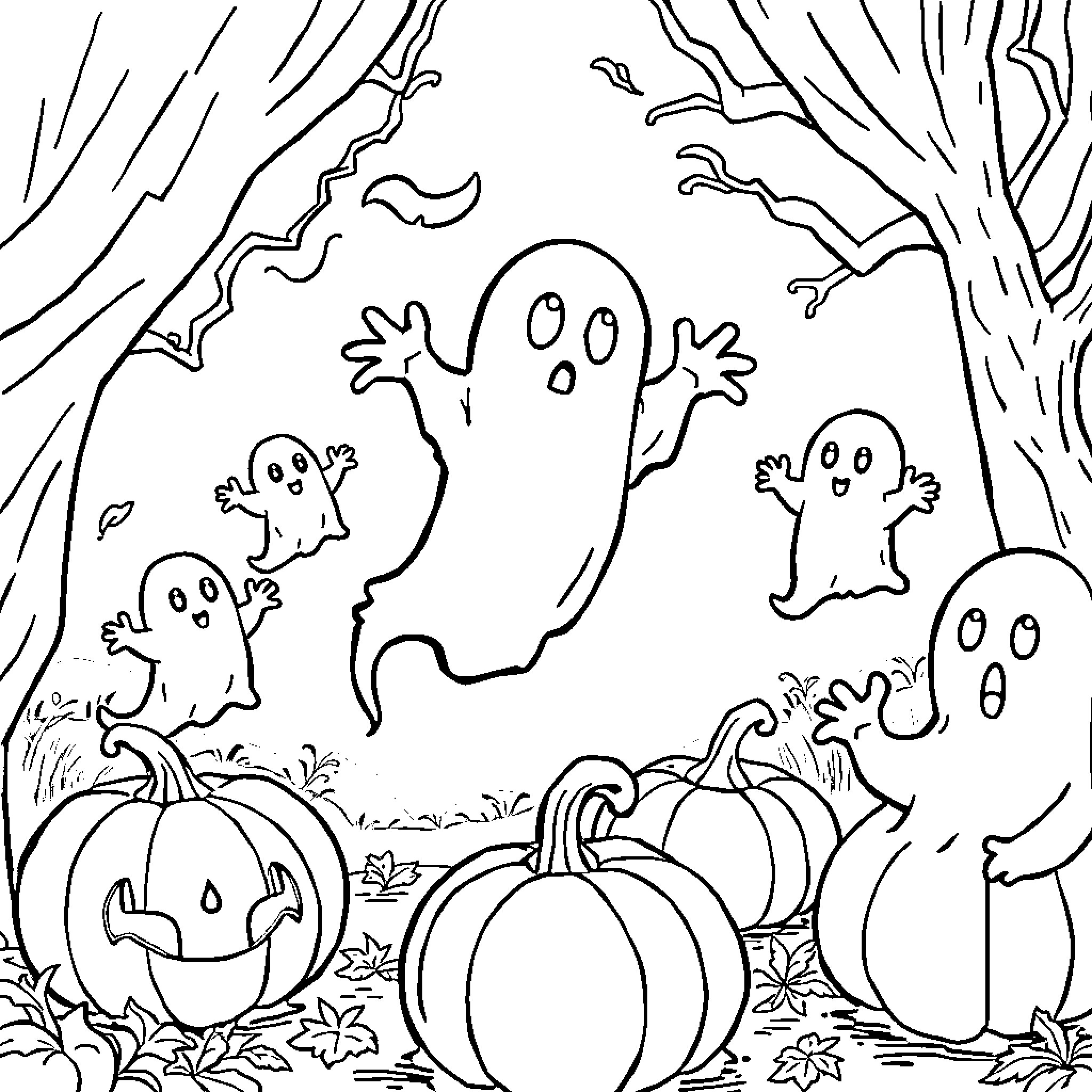 Ghost Encounter in the Haunted Forest Coloring Page (free black-and-white line drawing printable PDF for all, from beginners to advanced learners, including children, teens, adults, and seniors)