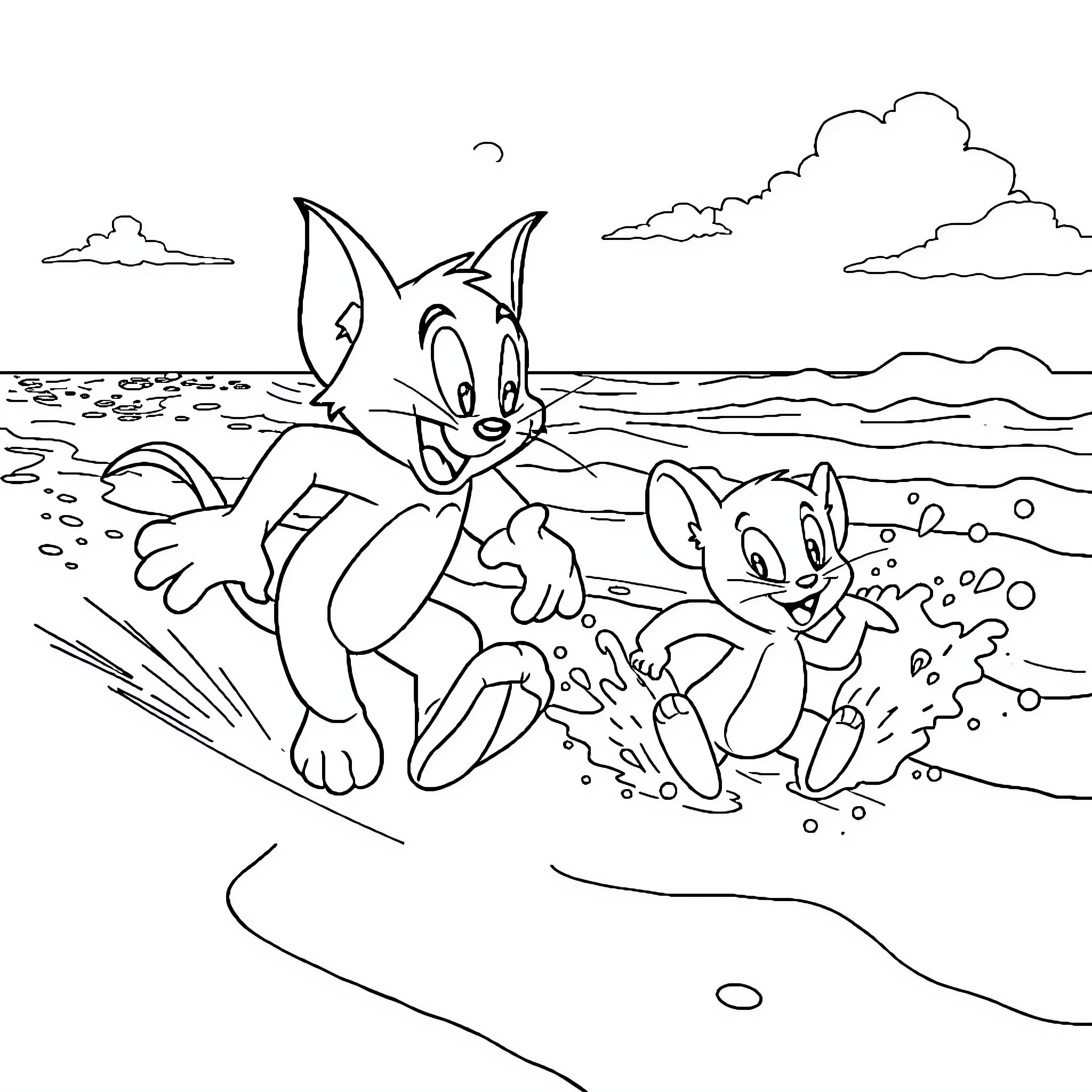 Tom and Jerry chase on the beach Coloring Page (free black-and-white line drawing printable PDF for all, from beginners to advanced learners, including children, teens, adults, and seniors)