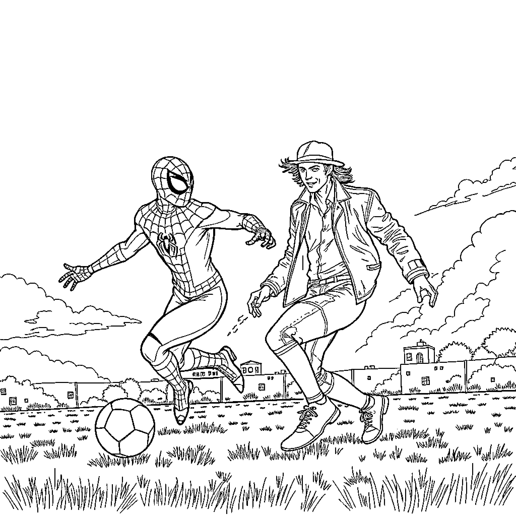 Spiderman and Cowboy Kicking Soccer Ball in Field Coloring Page (free black-and-white line drawing printable PDF for all, from beginners to advanced learners, including children, teens, adults, and seniors)