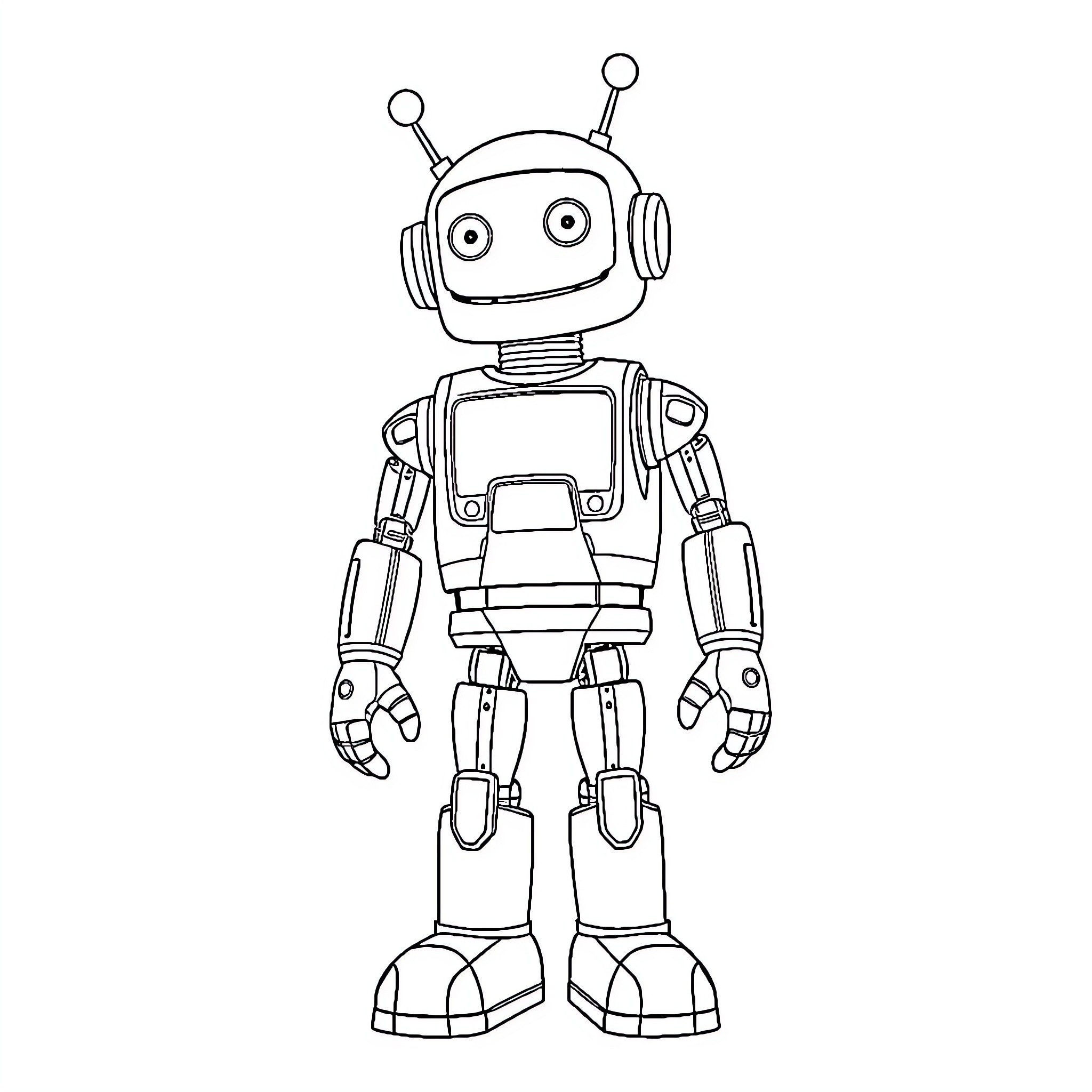 Robot with Large Eyes and Antennae Coloring Page (free black-and-white line drawing printable PDF for all, from beginners to advanced learners, including children, teens, adults, and seniors)