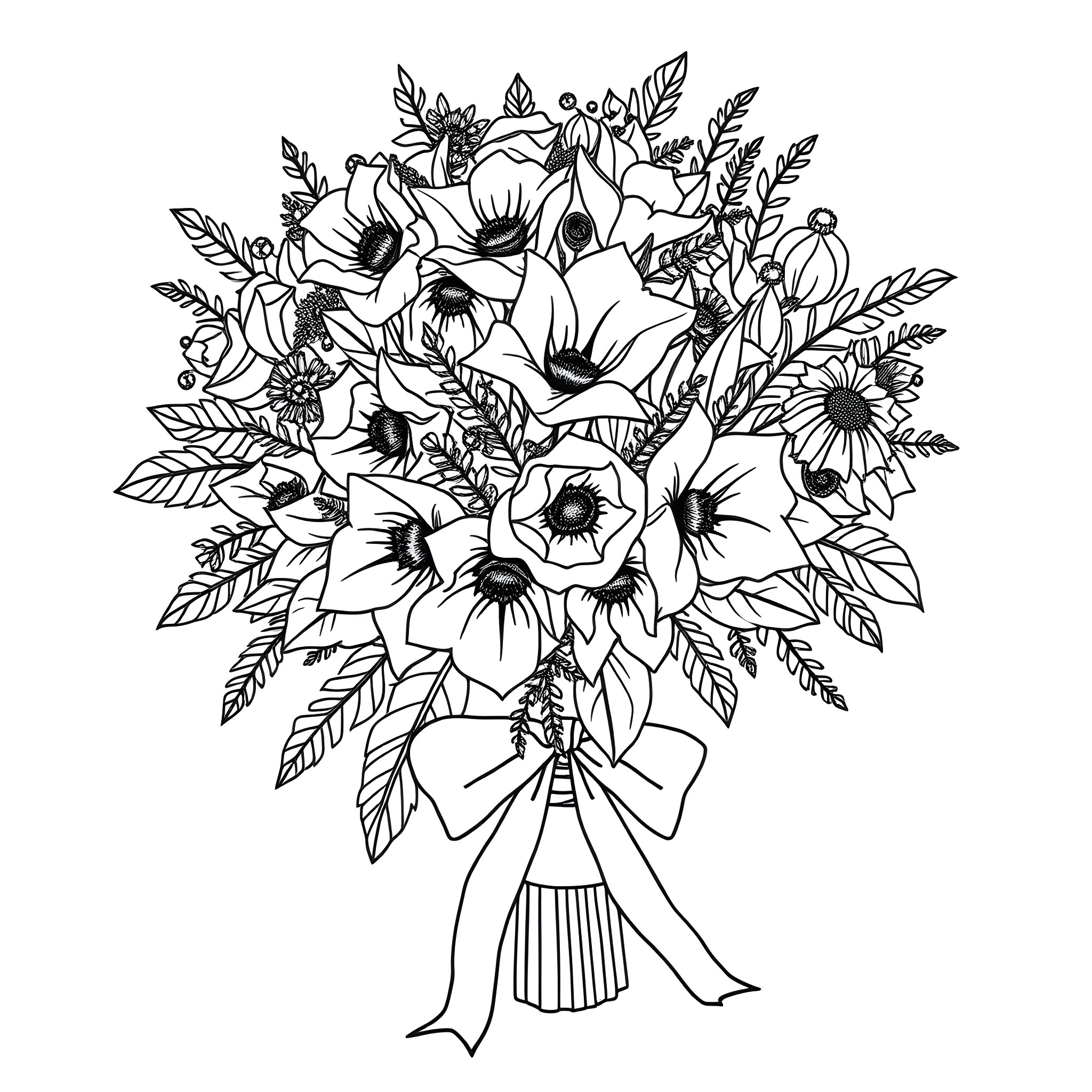 Bouquet of Elegant Floral Arrangement Coloring Page (free black-and-white line drawing printable PDF for all, from beginners to advanced learners, including children, teens, adults, and seniors)