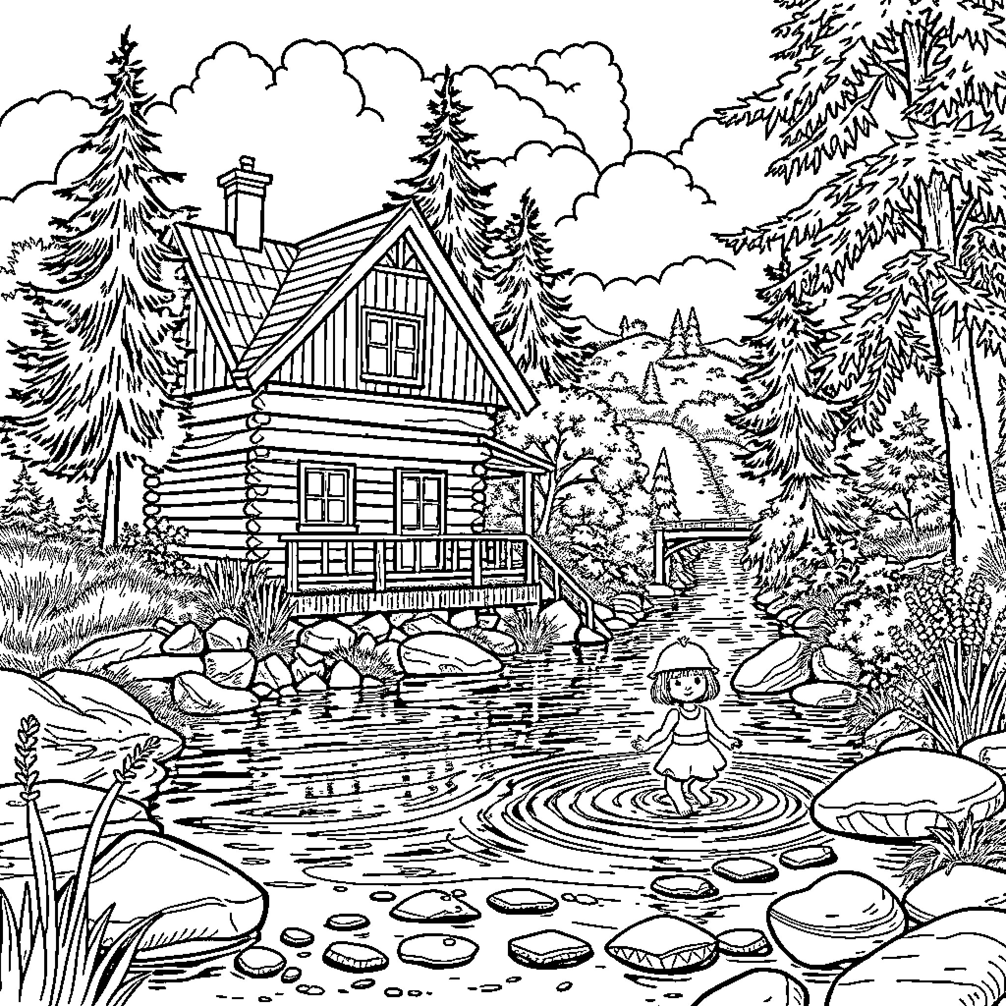 Fille playing in the tranquil forest stream Coloring Page (free black-and-white line drawing printable PDF for all, from beginners to advanced learners, including children, teens, adults, and seniors)