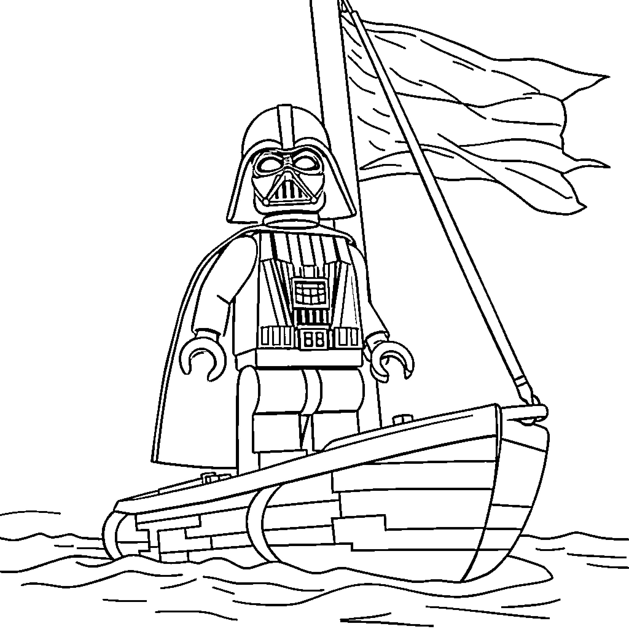 LEGO Darth Vader commanding a ship on the sea Coloring Page (free black-and-white line drawing printable PDF for all, from beginners to advanced learners, including children, teens, adults, and seniors)