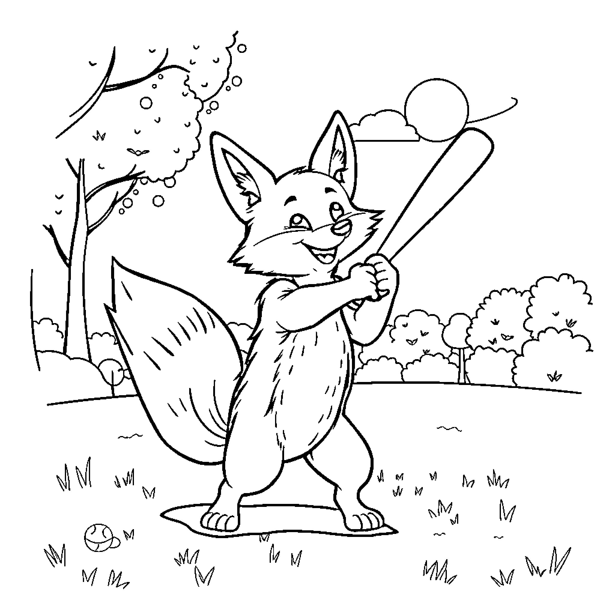 Fox playing with baseball bat in the woods Coloring Page (free black-and-white line drawing printable PDF for all, from beginners to advanced learners, including children, teens, adults, and seniors)