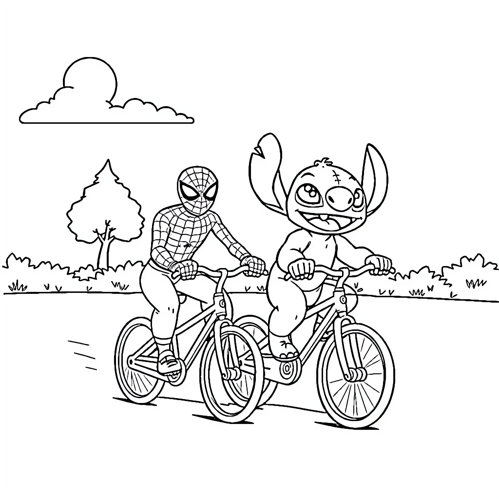 Spiderman and Stitch ride bikes through nature Coloring Page (free black-and-white line drawing printable PDF for all, from beginners to advanced learners, including children, teens, adults, and seniors)