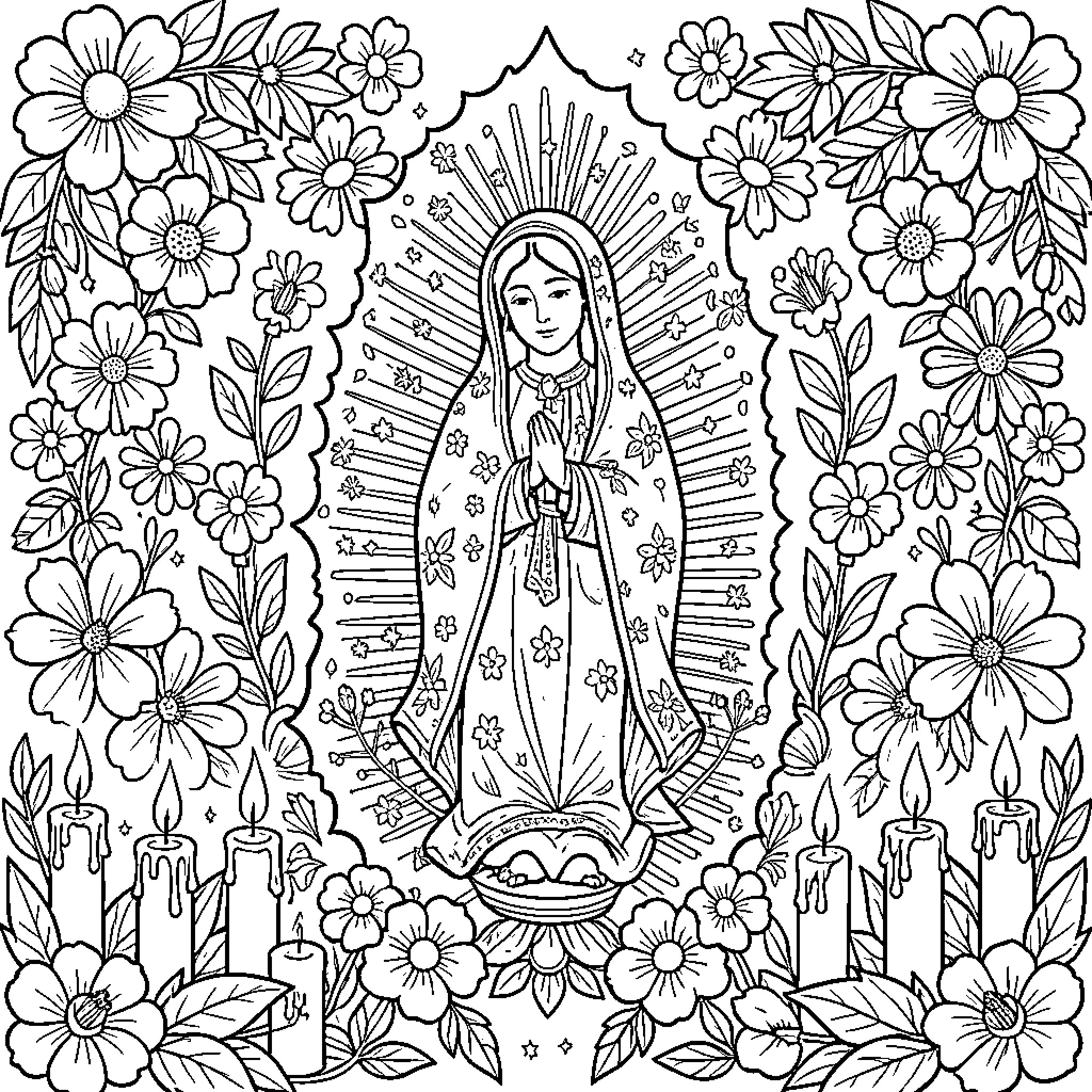 Virgen de Guadalupe surrounded by floral beauty Coloring Page (free black-and-white line drawing printable PDF for all, from beginners to advanced learners, including children, teens, adults, and seniors)