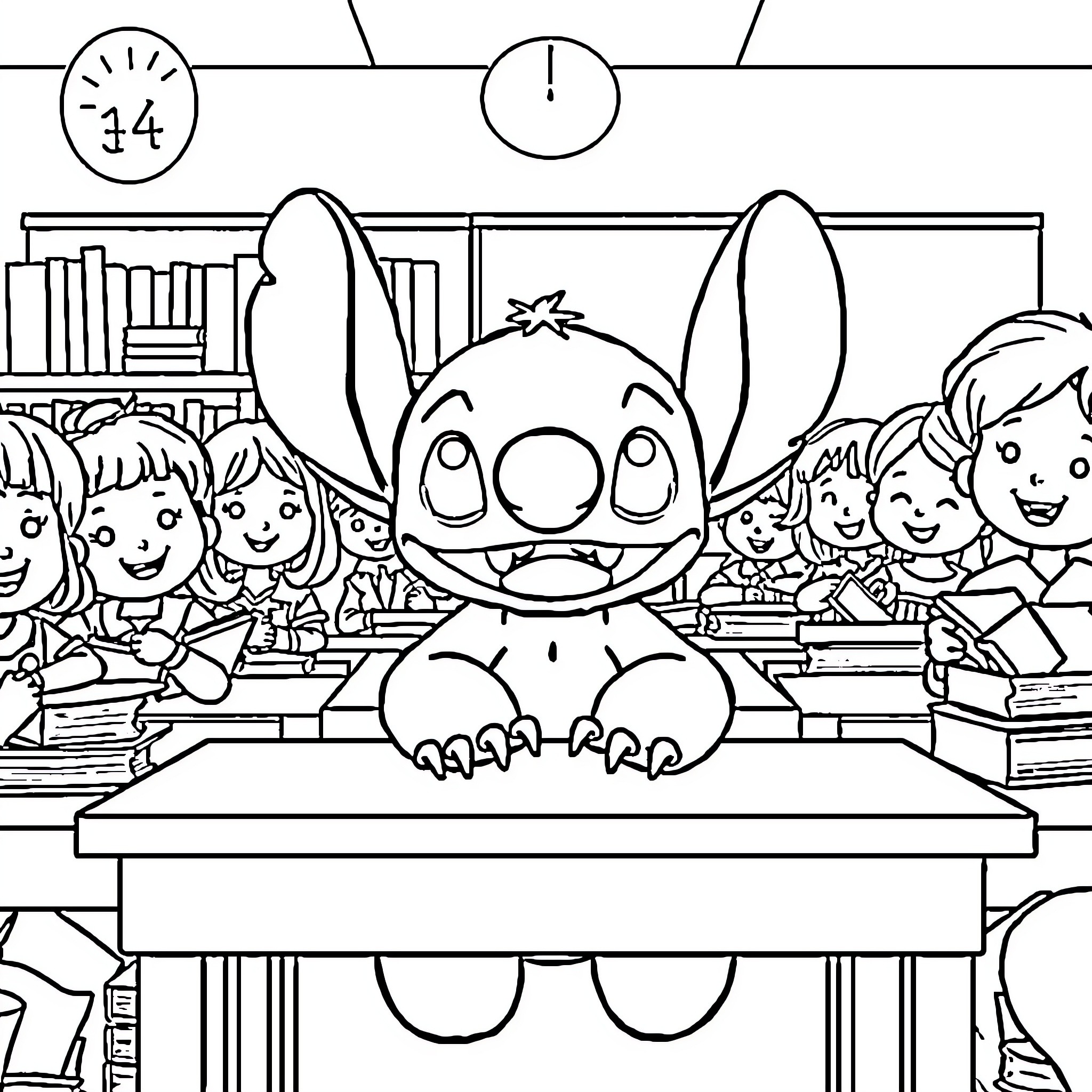 Stitch in the Classroom with Classmates Coloring Page (free black-and-white line drawing printable PDF for all, from beginners to advanced learners, including children, teens, adults, and seniors)
