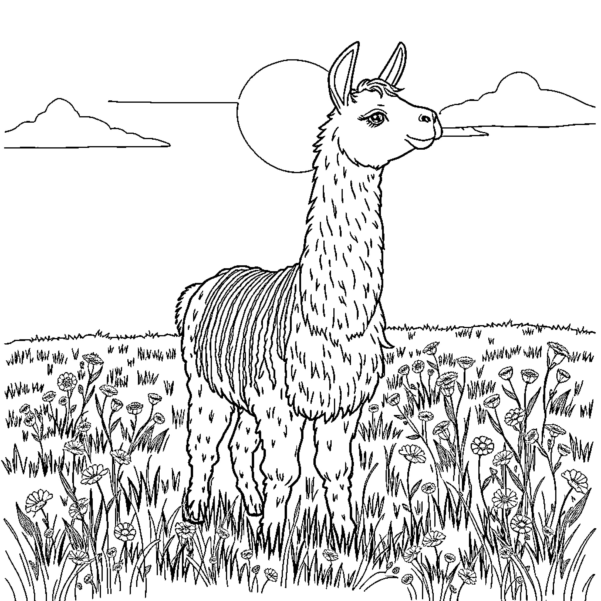 Llama standing in a grassy field with flowers Coloring Page (free black-and-white line drawing printable PDF for all, from beginners to advanced learners, including children, teens, adults, and seniors)