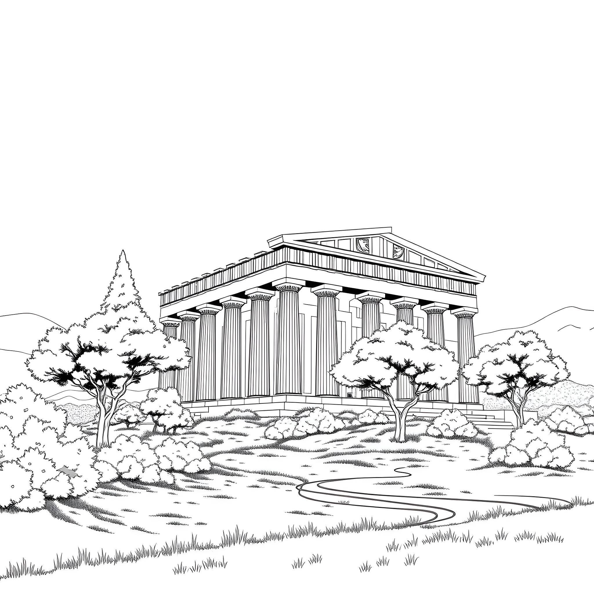 Temple with Majestic Columns in Scenic Landscape Coloring Page (free black-and-white line drawing printable PDF for all, from beginners to advanced learners, including children, teens, adults, and seniors)