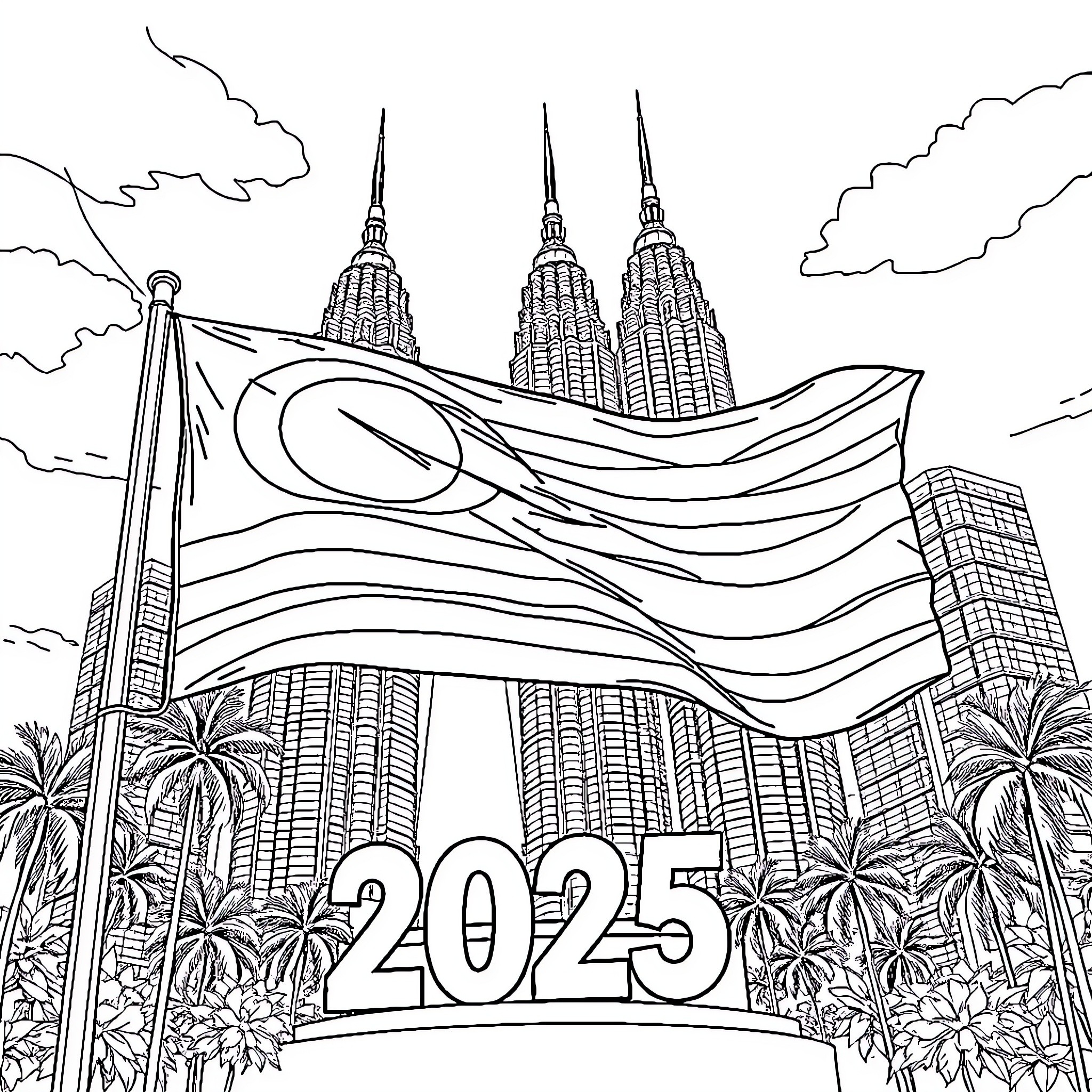 Malaysia Celebrates National Flag and Iconic Landmarks Coloring Page (free black-and-white line drawing printable PDF for all, from beginners to advanced learners, including children, teens, adults, and seniors)