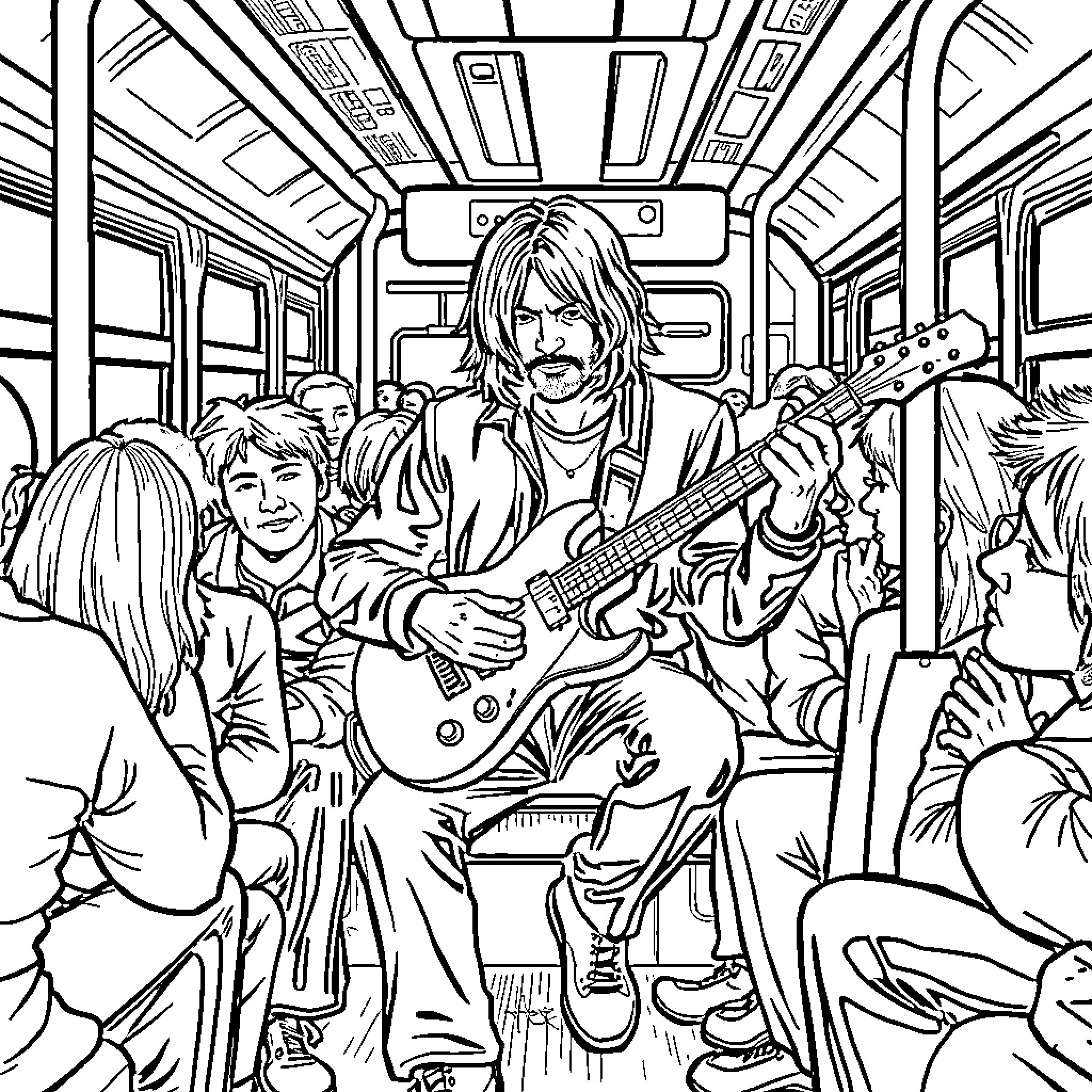 Kurt Cobain performing in a crowded bus Coloring Page (free black-and-white line drawing printable PDF for all, from beginners to advanced learners, including children, teens, adults, and seniors)