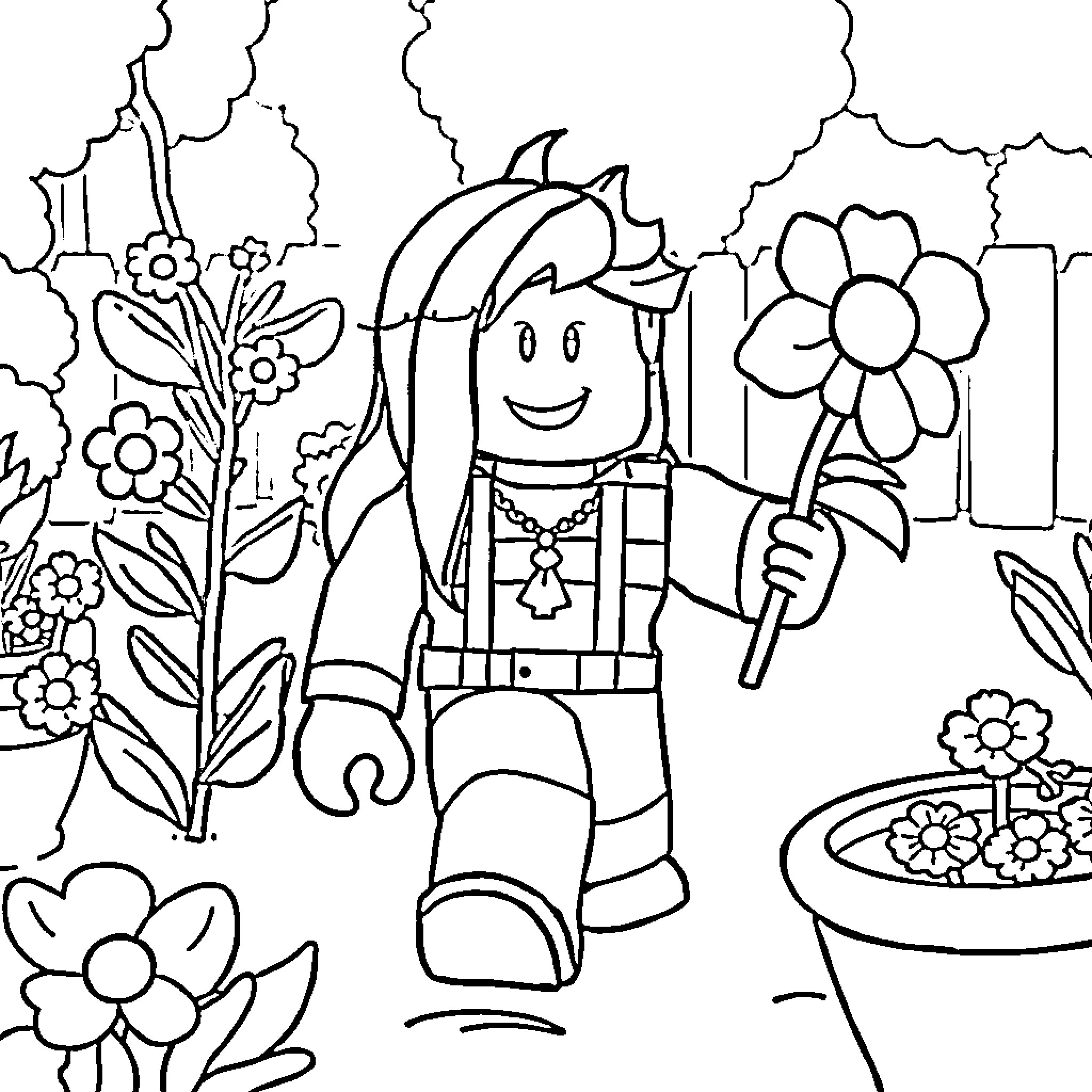 Roblox character exploring a floral garden Coloring Page (free black-and-white line drawing printable PDF for all, from beginners to advanced learners, including children, teens, adults, and seniors)